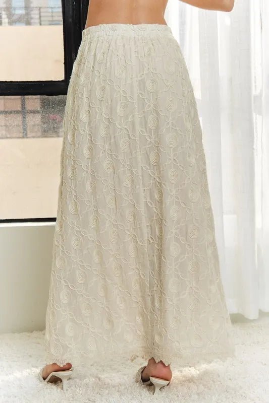 Adora Elastic Waist Applique Cotton Maxi Skirt – Lace Detail, Boho Style - Triniskies