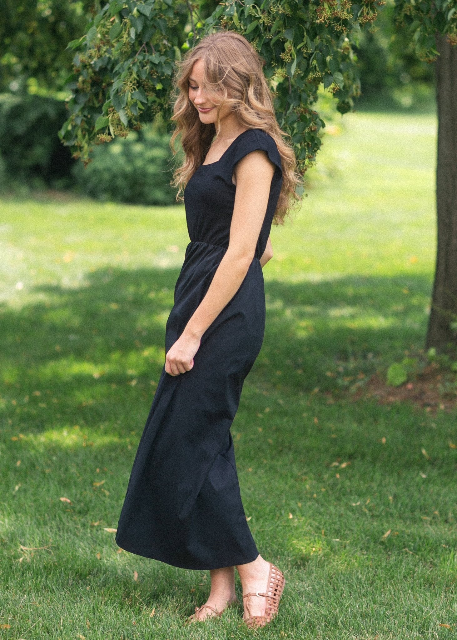 Eleanor A - line Maxi Dress – Black | Square Neckline with Adjustable Waist - Triniskies