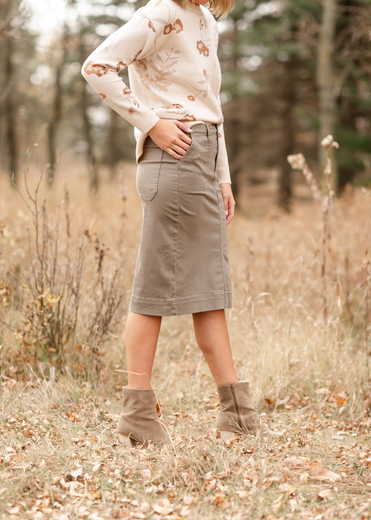 Erica Cotton Twill Midi Skirt – Classic Stretch Modest Skirt with Length Options - Triniskies
