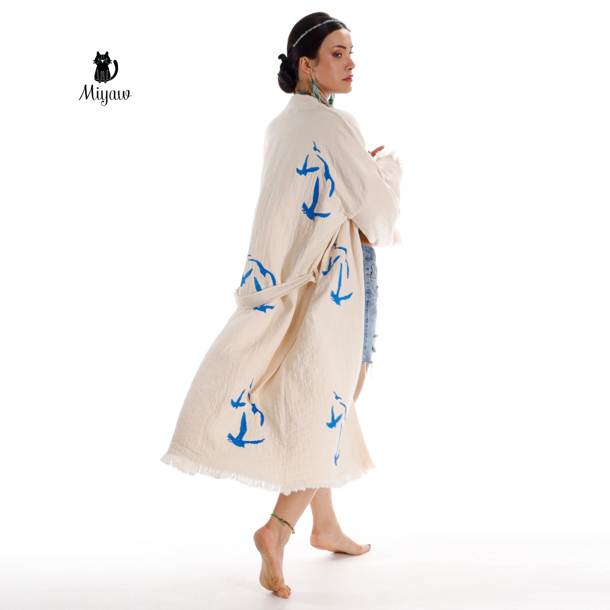 Handcrafted Organic Cotton Kimono Robe – Seagull Print Bohemian Beach Cover Up | Trini Skies - Triniskies