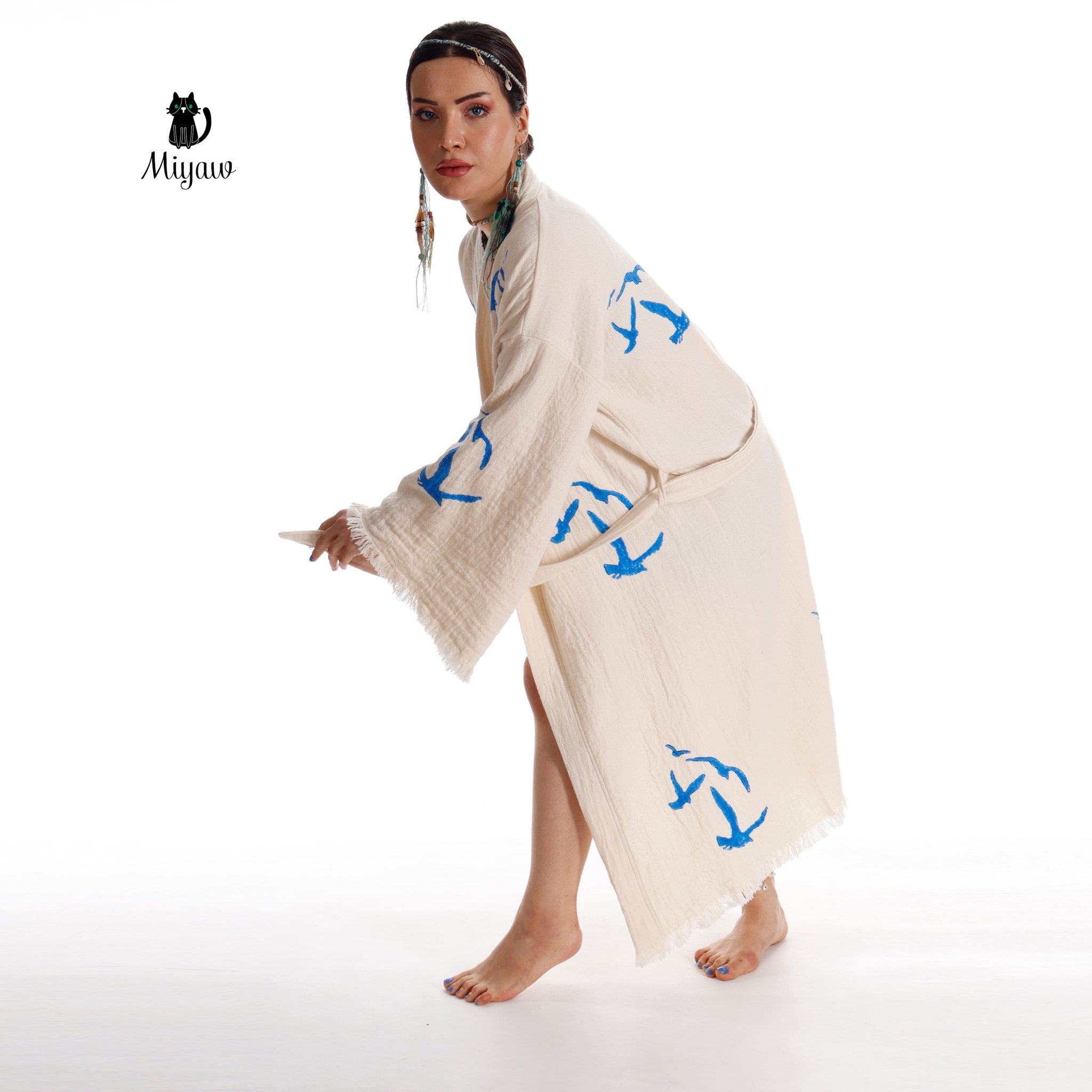 Handcrafted Organic Cotton Kimono Robe – Seagull Print Bohemian Beach Cover Up | Trini Skies - Triniskies