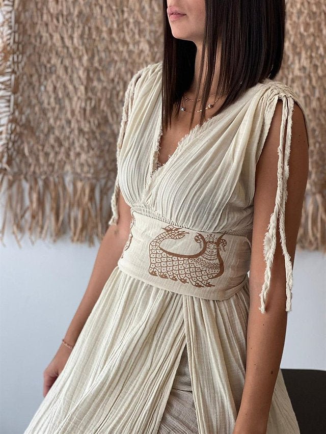 Helen Organic Cotton Goddess Dress – Elegant Resort Maxi with High Slit - Triniskies