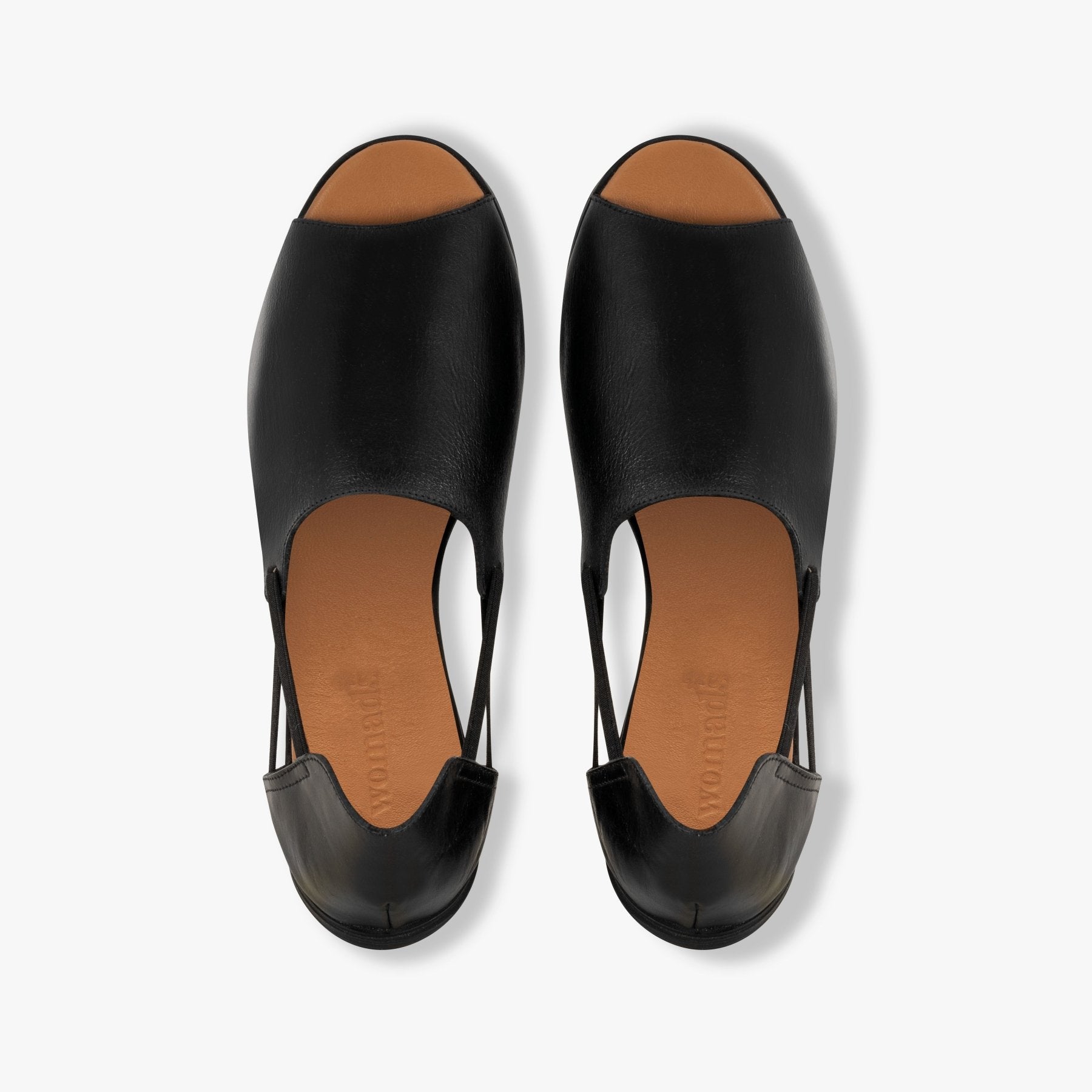 Jet Black Peep Toe Sandals - Womads Leather Flats for Women - Triniskies