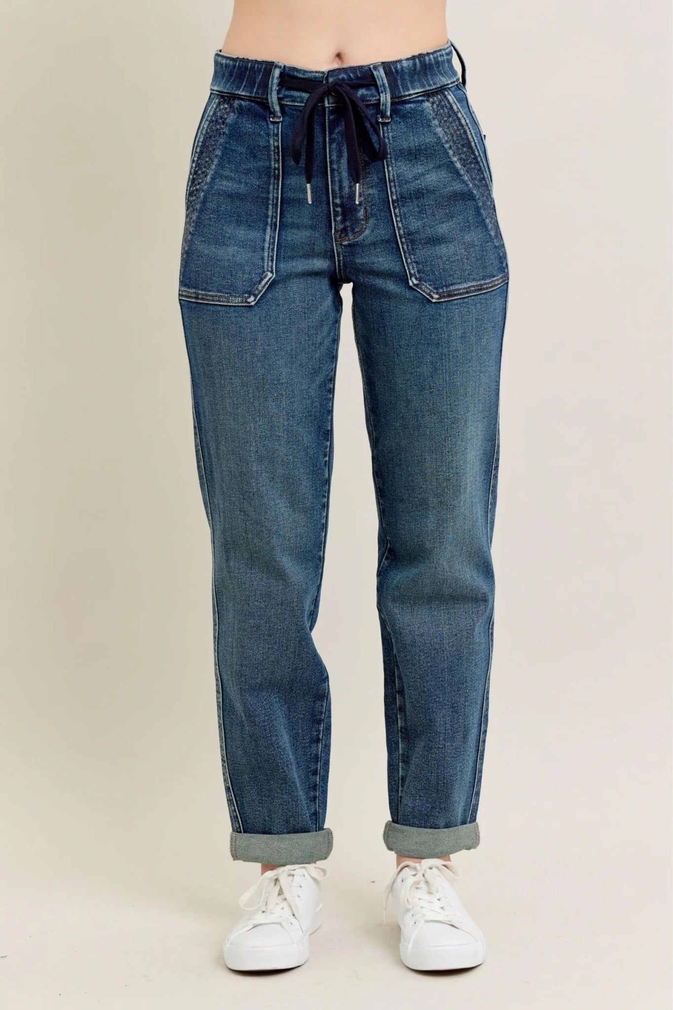 Judy Blue Plus Size High Waist Vintage Wash Jeans with Adjustable Drawstring - Triniskies