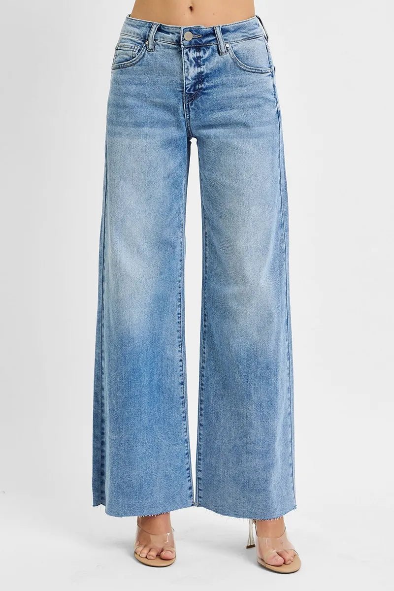 RISEN Full Size High Rise Wide Leg Palazzo Jeans – Light Wash Tummy Control Denim - Triniskies