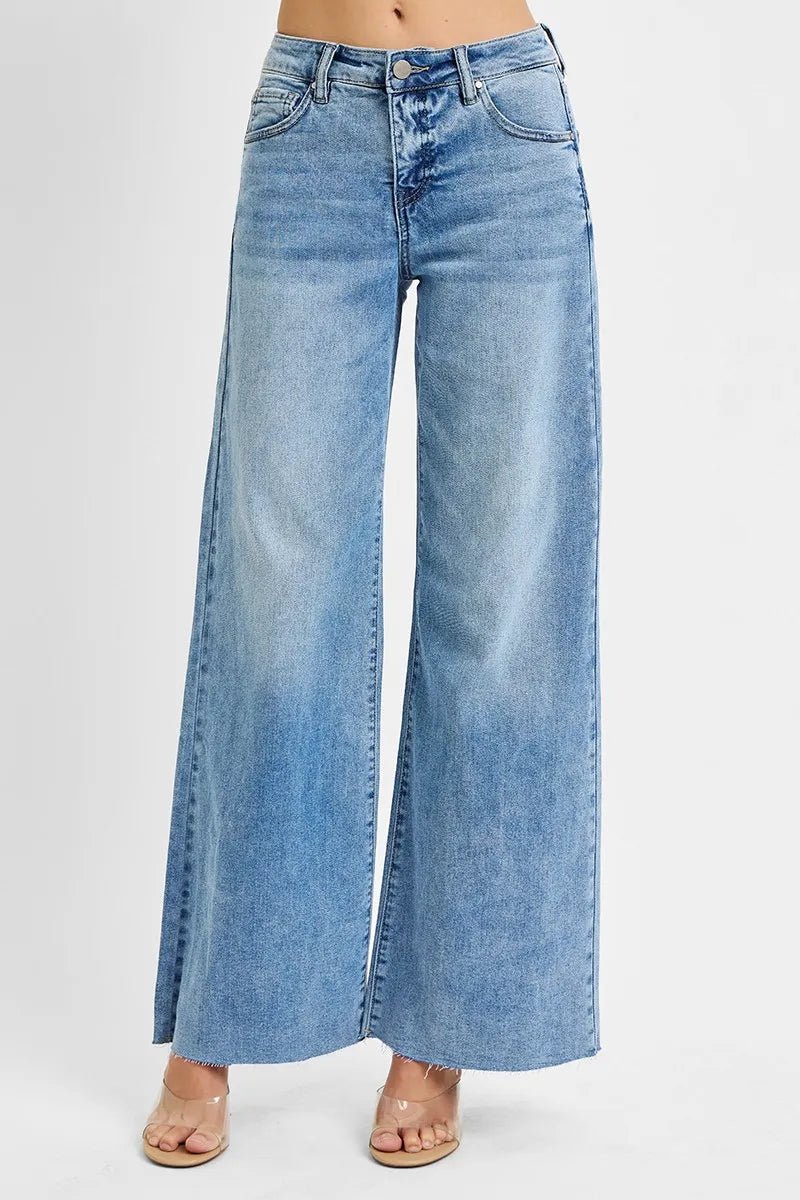RISEN Full Size High Rise Wide Leg Palazzo Jeans – Light Wash Tummy Control Denim - Triniskies