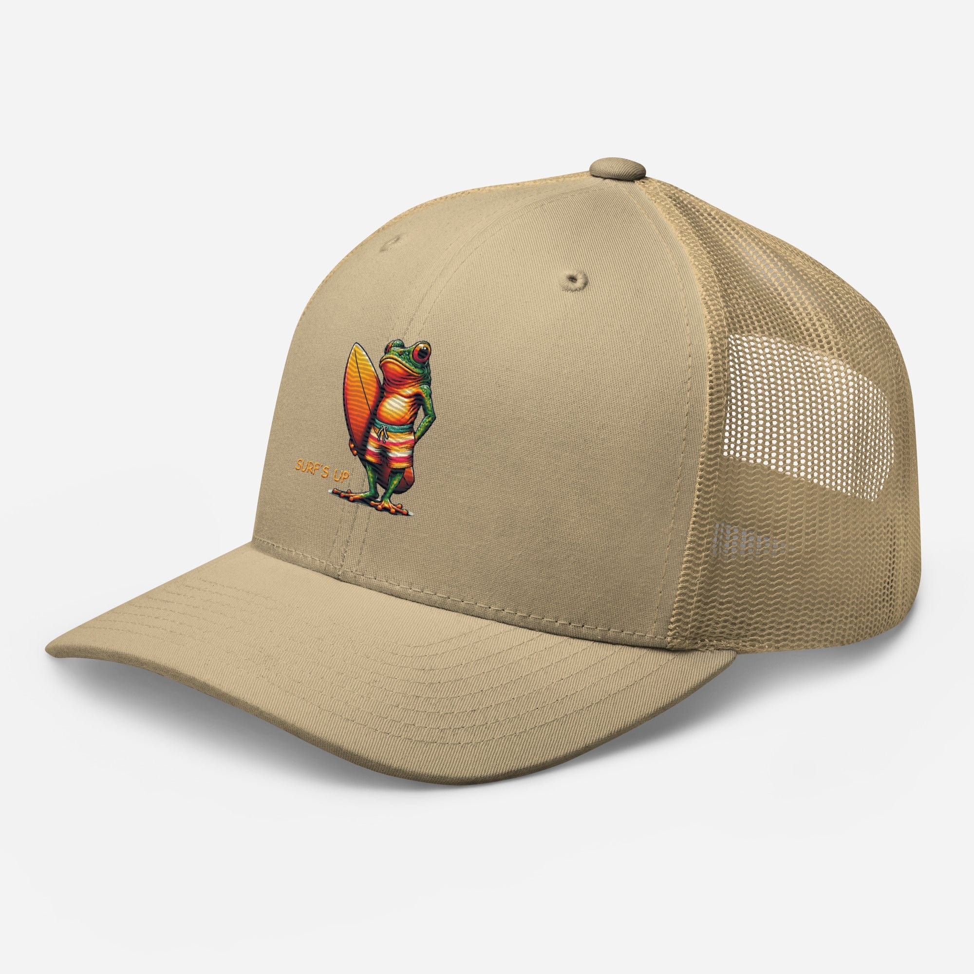 Surfs Up Surfing Frog Embroidered Trucker Cap by Trini Skies, Adjustable Mesh Back Cap - Triniskies