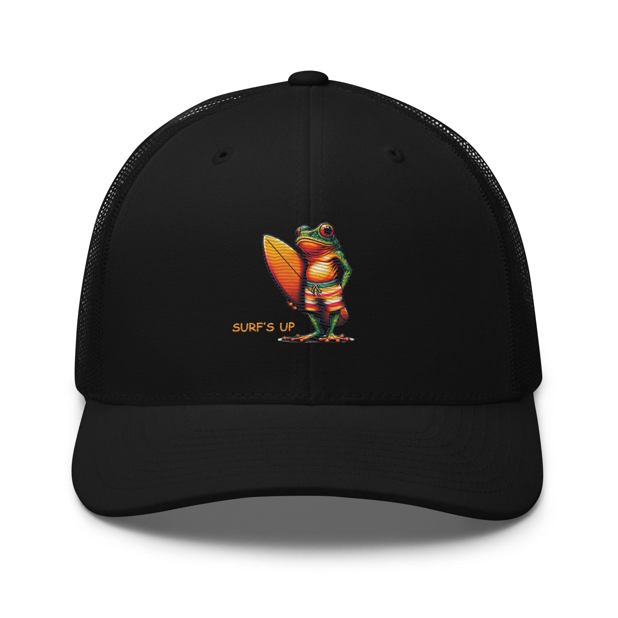Surfs Up Surfing Frog Embroidered Trucker Cap by Trini Skies, Adjustable Mesh Back Cap - Triniskies