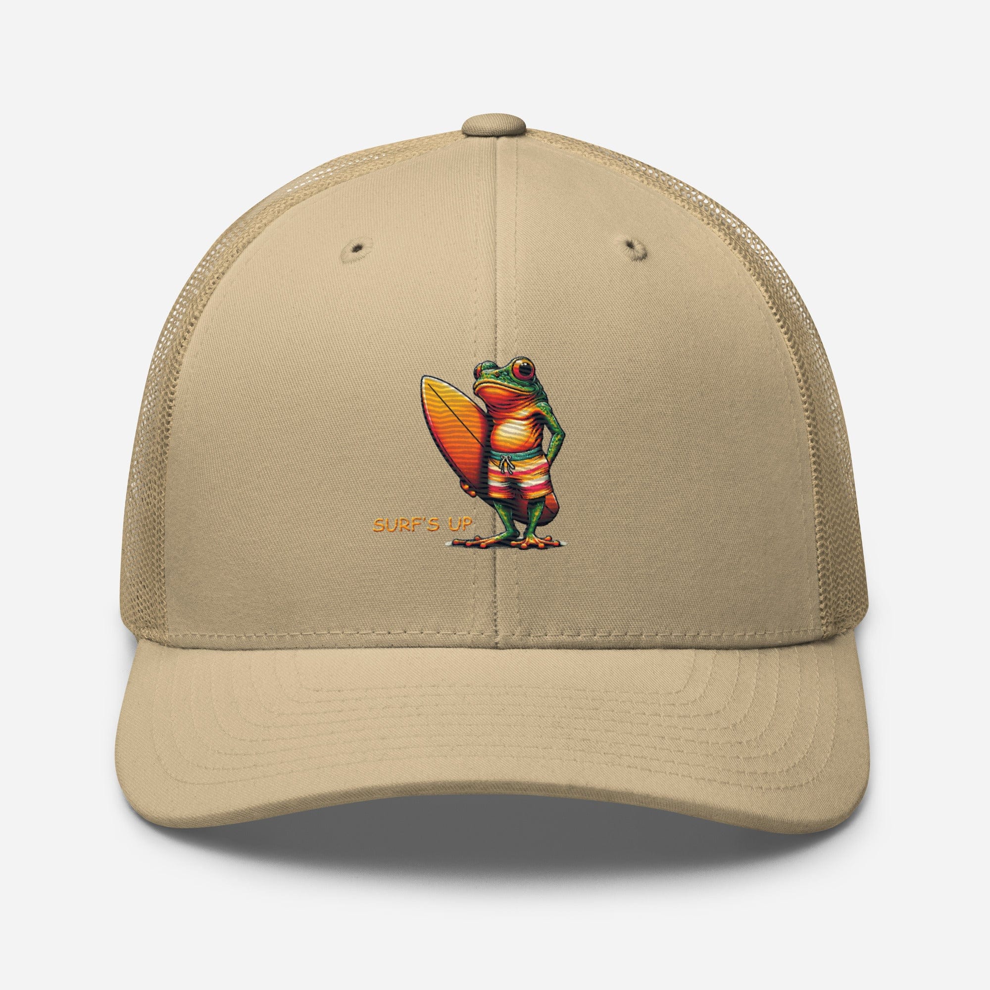 Surfs Up Surfing Frog Embroidered Trucker Cap by Trini Skies, Adjustable Mesh Back Cap - Triniskies