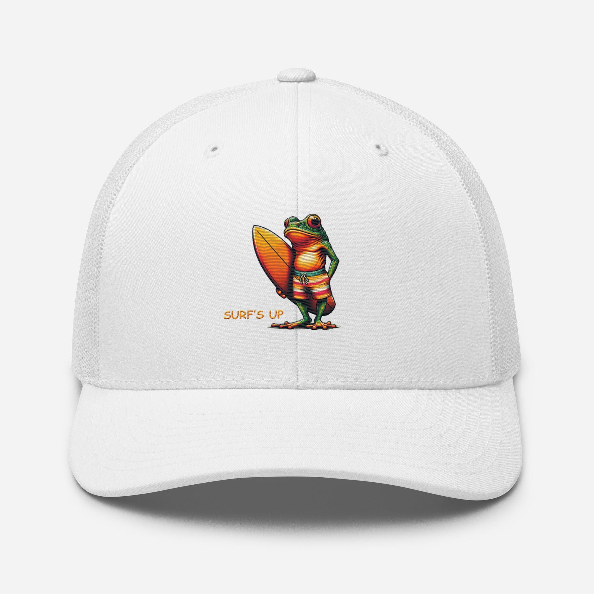 Surfs Up Surfing Frog Embroidered Trucker Cap by Trini Skies, Adjustable Mesh Back Cap - Triniskies