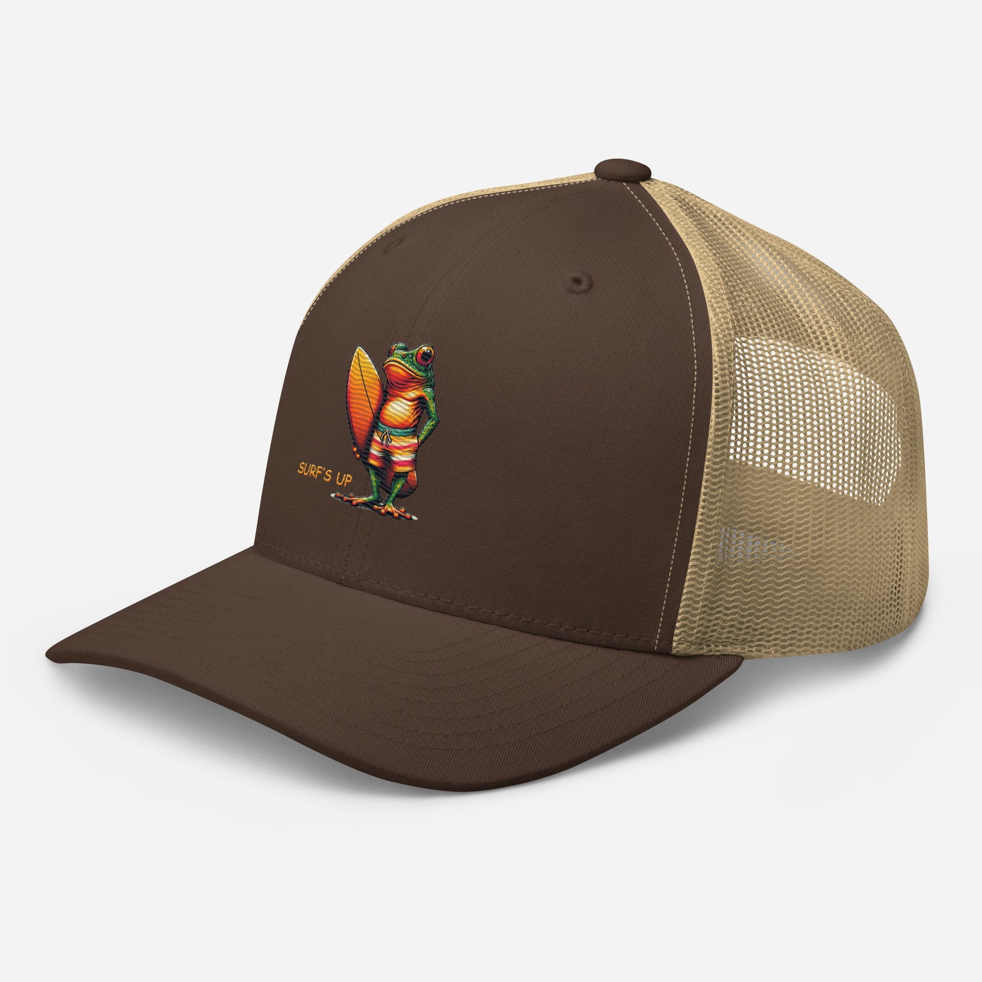 Surfs Up Surfing Frog Embroidered Trucker Cap by Trini Skies, Adjustable Mesh Back Cap - Triniskies