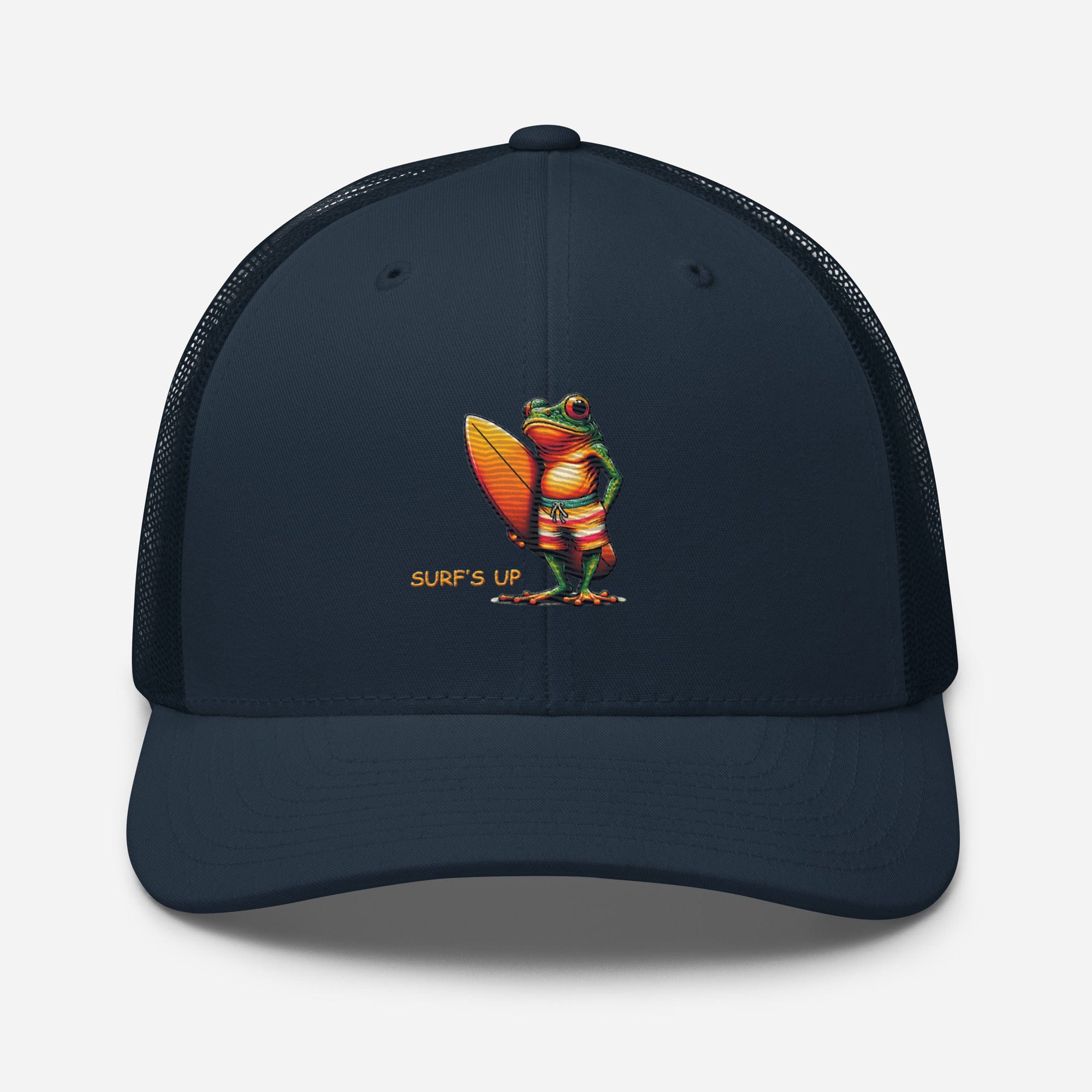 Surfs Up Surfing Frog Embroidered Trucker Cap by Trini Skies, Adjustable Mesh Back Cap - Triniskies