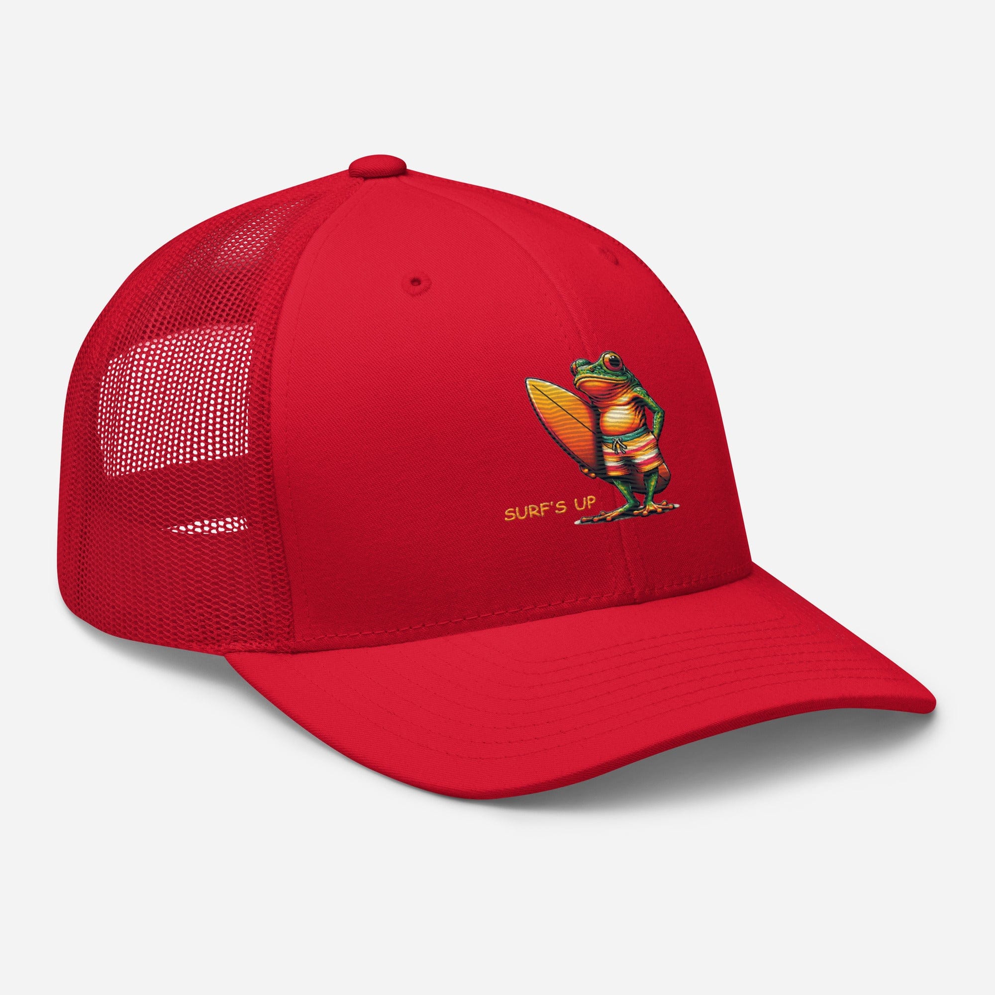Surfs Up Surfing Frog Embroidered Trucker Cap by Trini Skies, Adjustable Mesh Back Cap - Triniskies