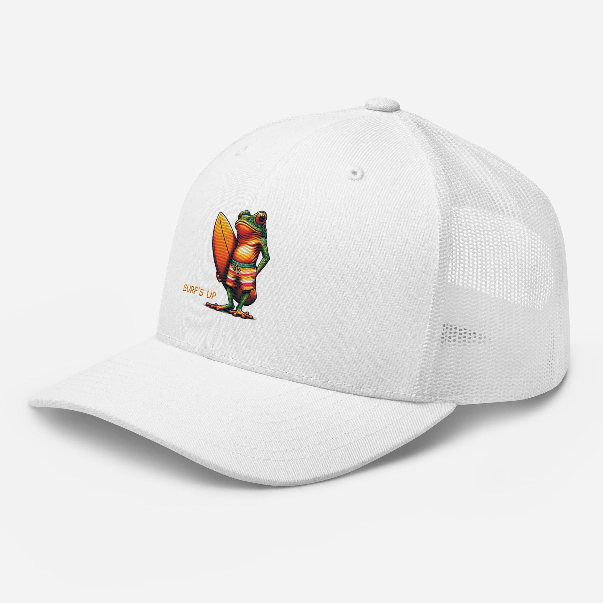 Surfs Up Surfing Frog Embroidered Trucker Cap by Trini Skies, Adjustable Mesh Back Cap - Triniskies