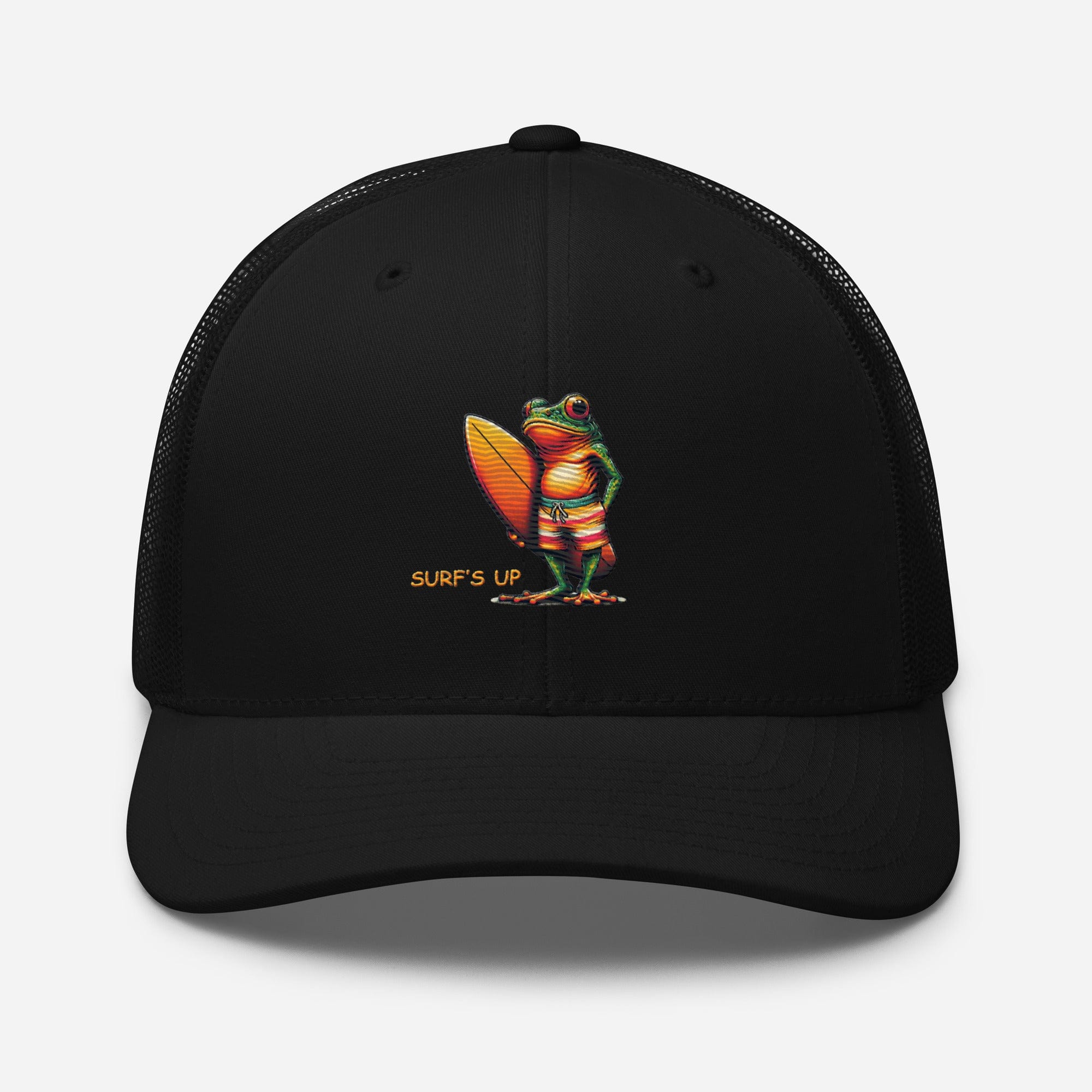 Surfs Up Surfing Frog Embroidered Trucker Cap by Trini Skies, Adjustable Mesh Back Cap - Triniskies