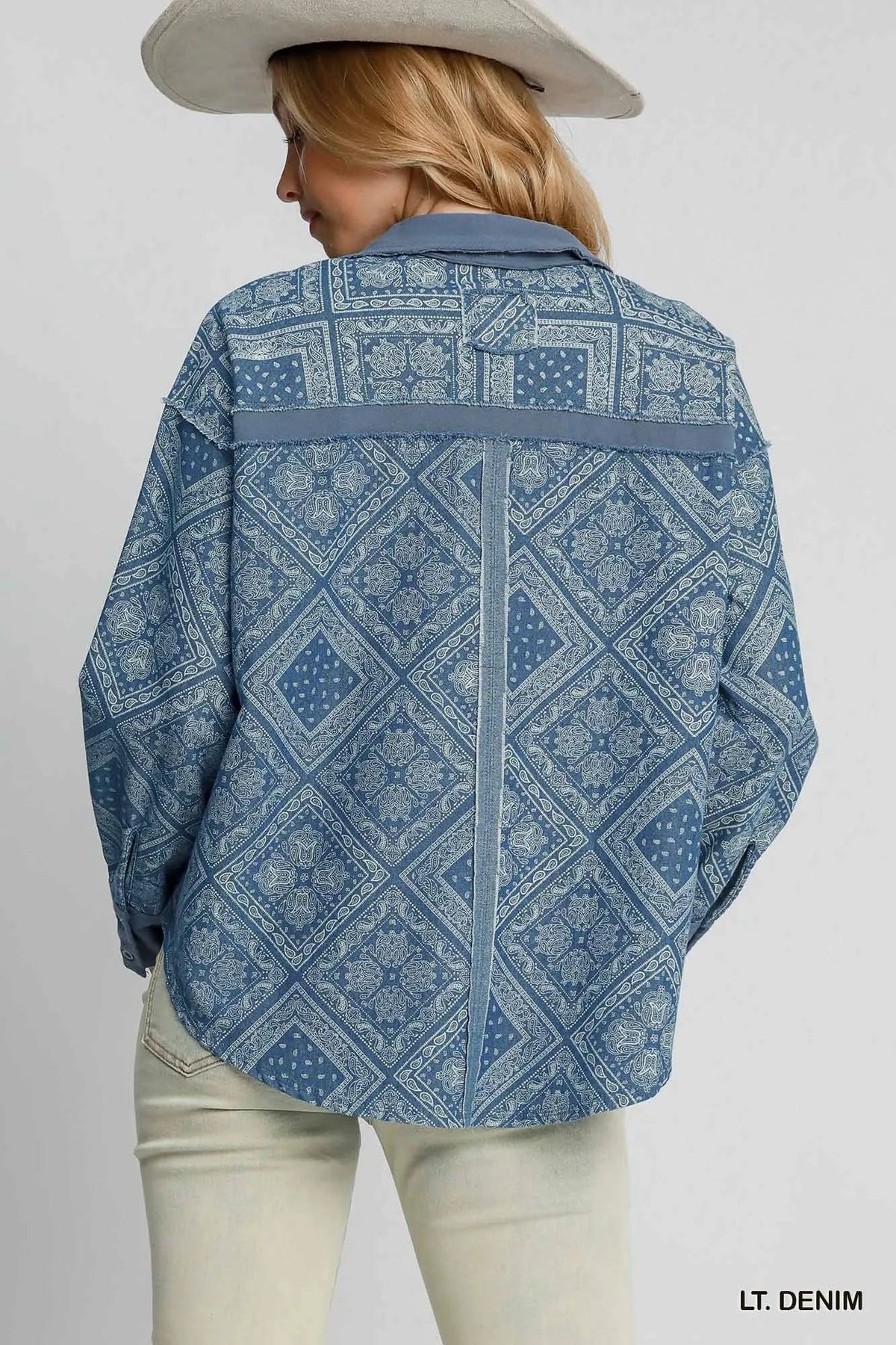 Umgee Paisley Patchwork Denim Shirt Jacket – Oversized Vintage Coastal Layer - Triniskies