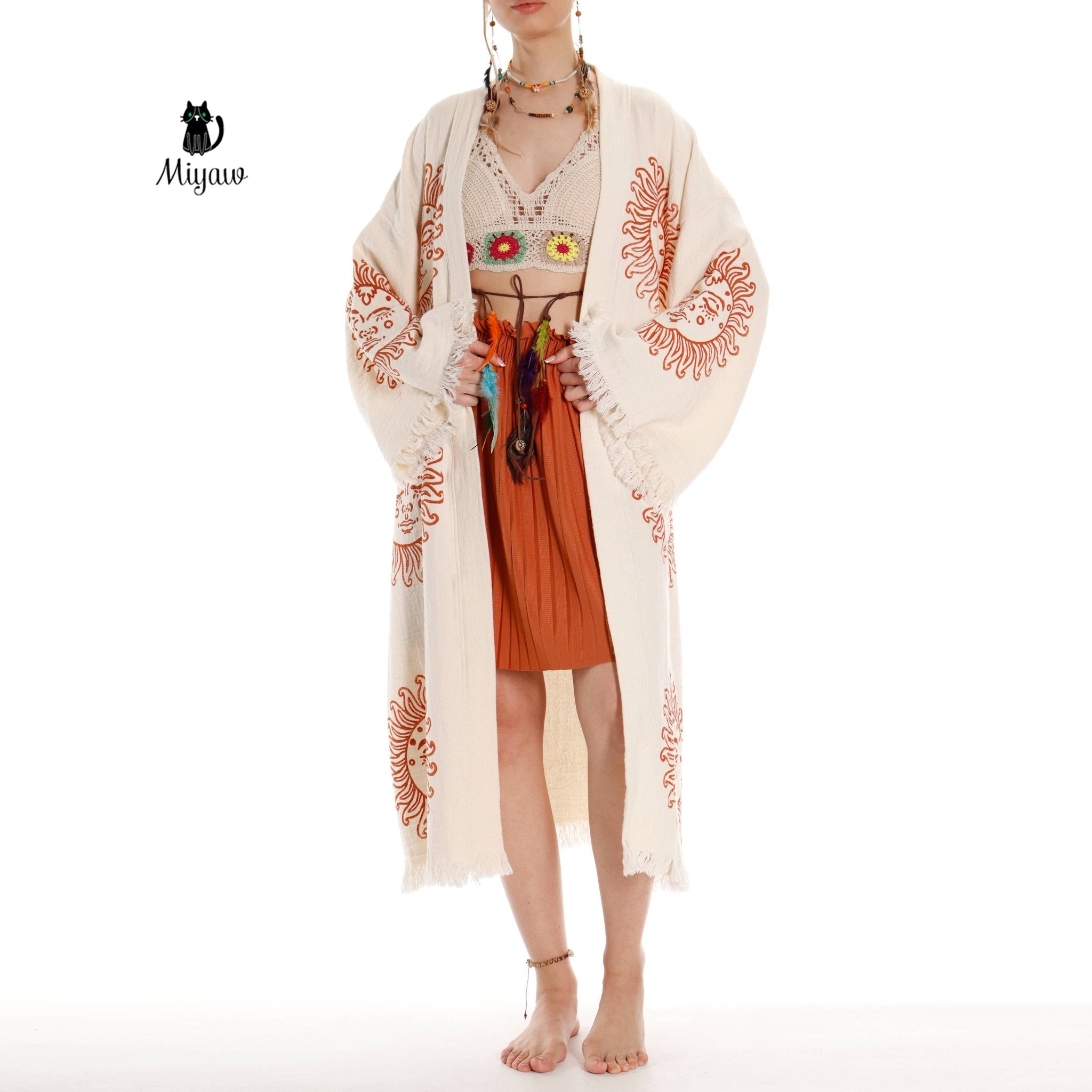 Unique Sun Stamped Organic Cotton Kimono Robe – Eco Boho Resortwear - Triniskies