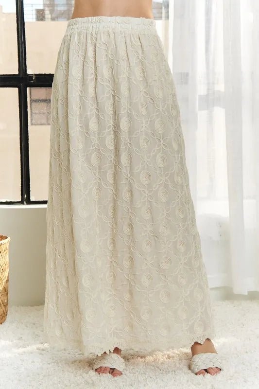 Adora Elastic Waist Applique Cotton Maxi Skirt – Lace Detail, Boho Style - Triniskies
