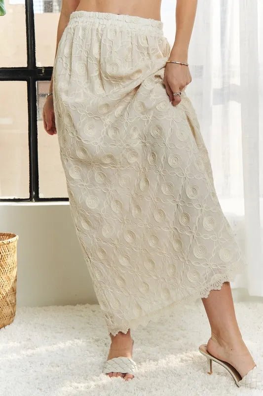Adora Elastic Waist Applique Cotton Maxi Skirt – Lace Detail, Boho Style - Triniskies