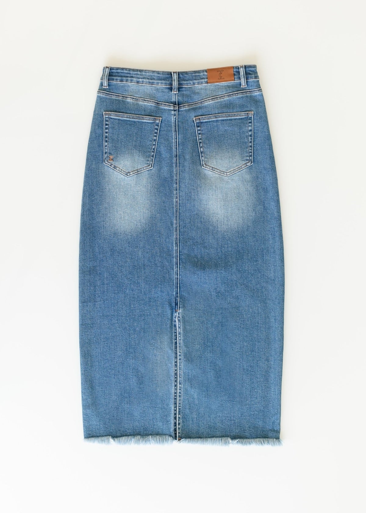 Dakotah Raw Hem Long Denim Skirt – Maxi Length with Slit | Medium Wash - Triniskies