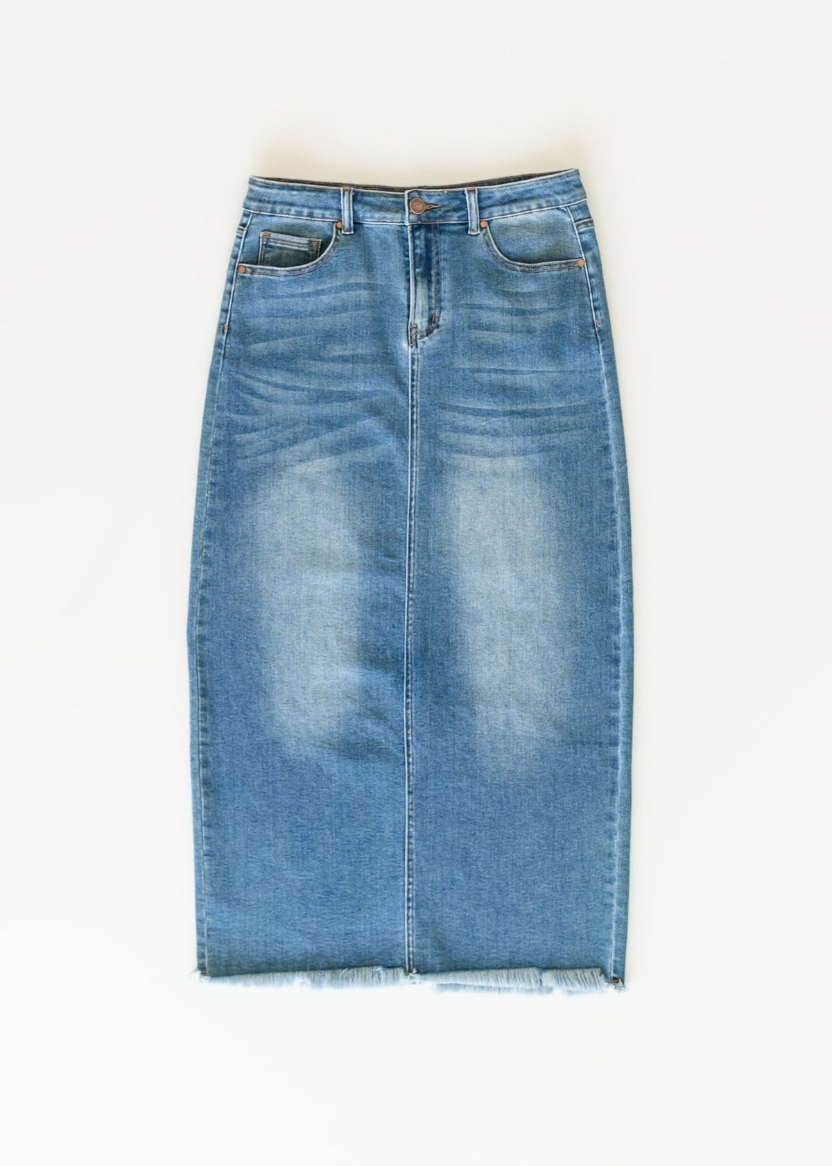Dakotah Raw Hem Long Denim Skirt – Maxi Length with Slit | Medium Wash - Triniskies
