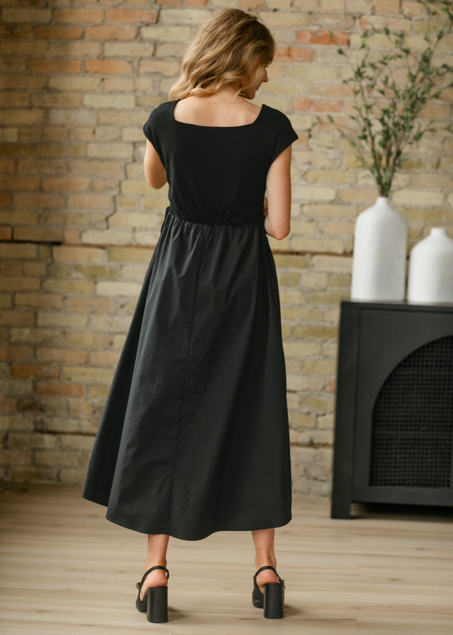 Eleanor A - line Maxi Dress – Black | Square Neckline with Adjustable Waist - Triniskies