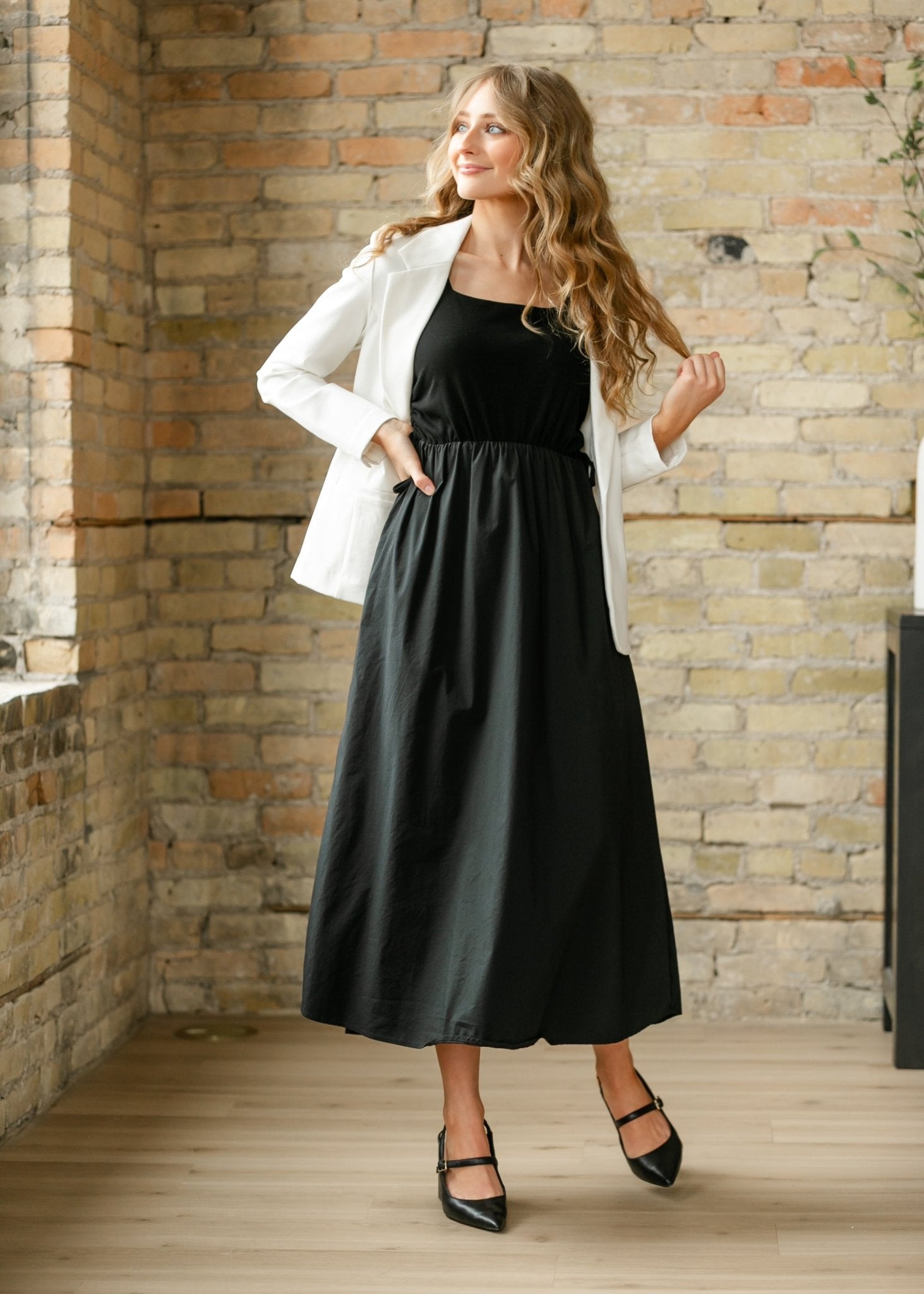 Eleanor A - line Maxi Dress – Black | Square Neckline with Adjustable Waist - Triniskies