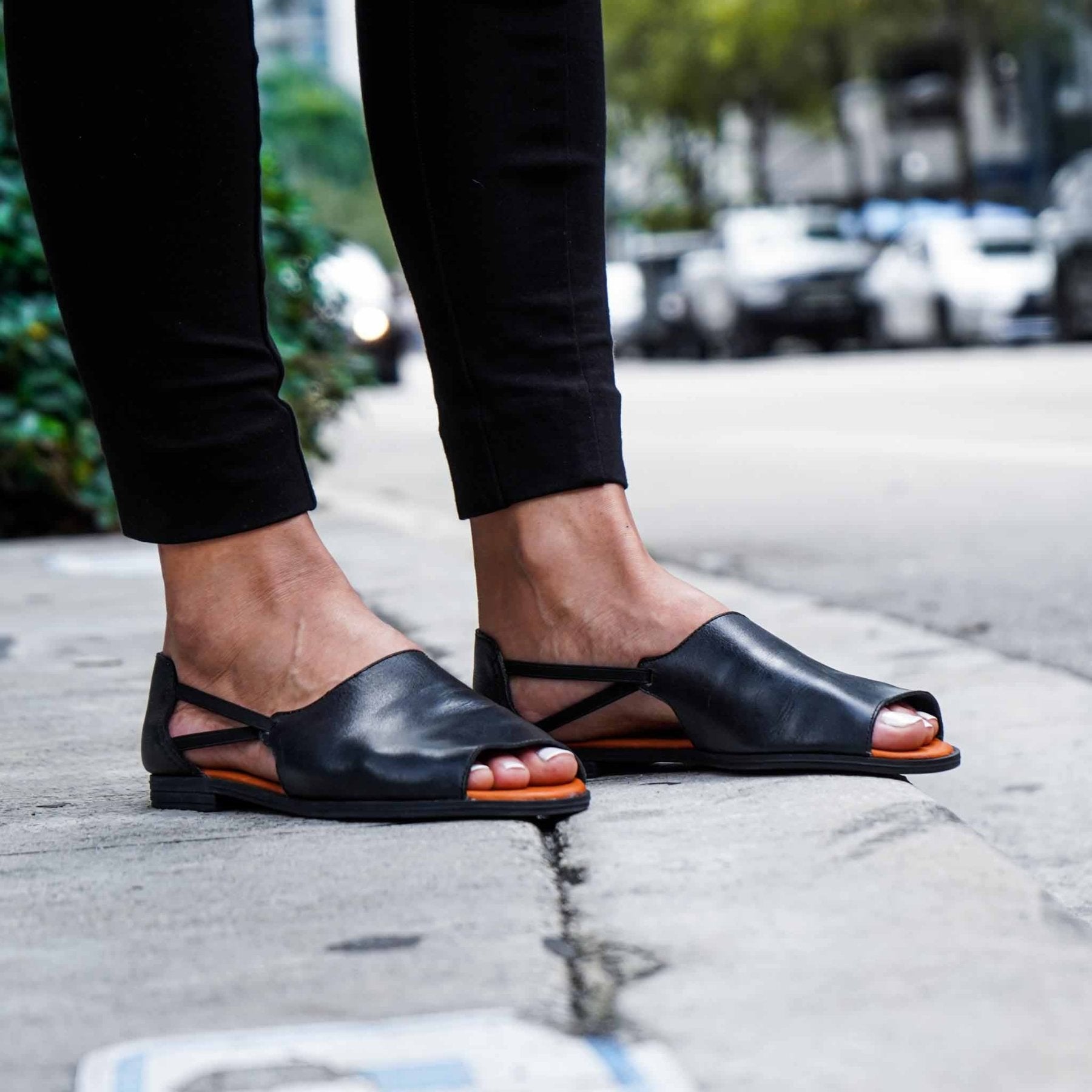 Jet Black Peep Toe Sandals - Womads Leather Flats for Women - Triniskies