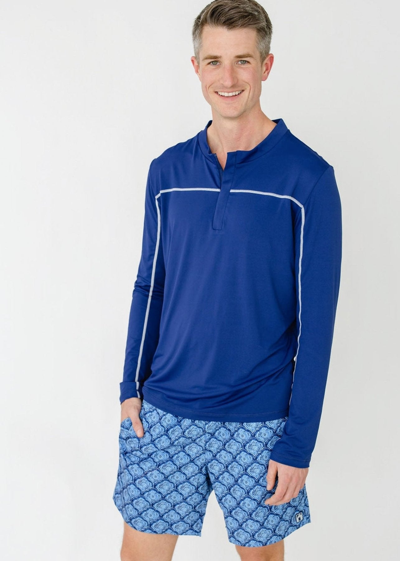 Men's UPF 50+ Swim Trunks Navy Blue Watercolor Pockets Liner - Triniskies