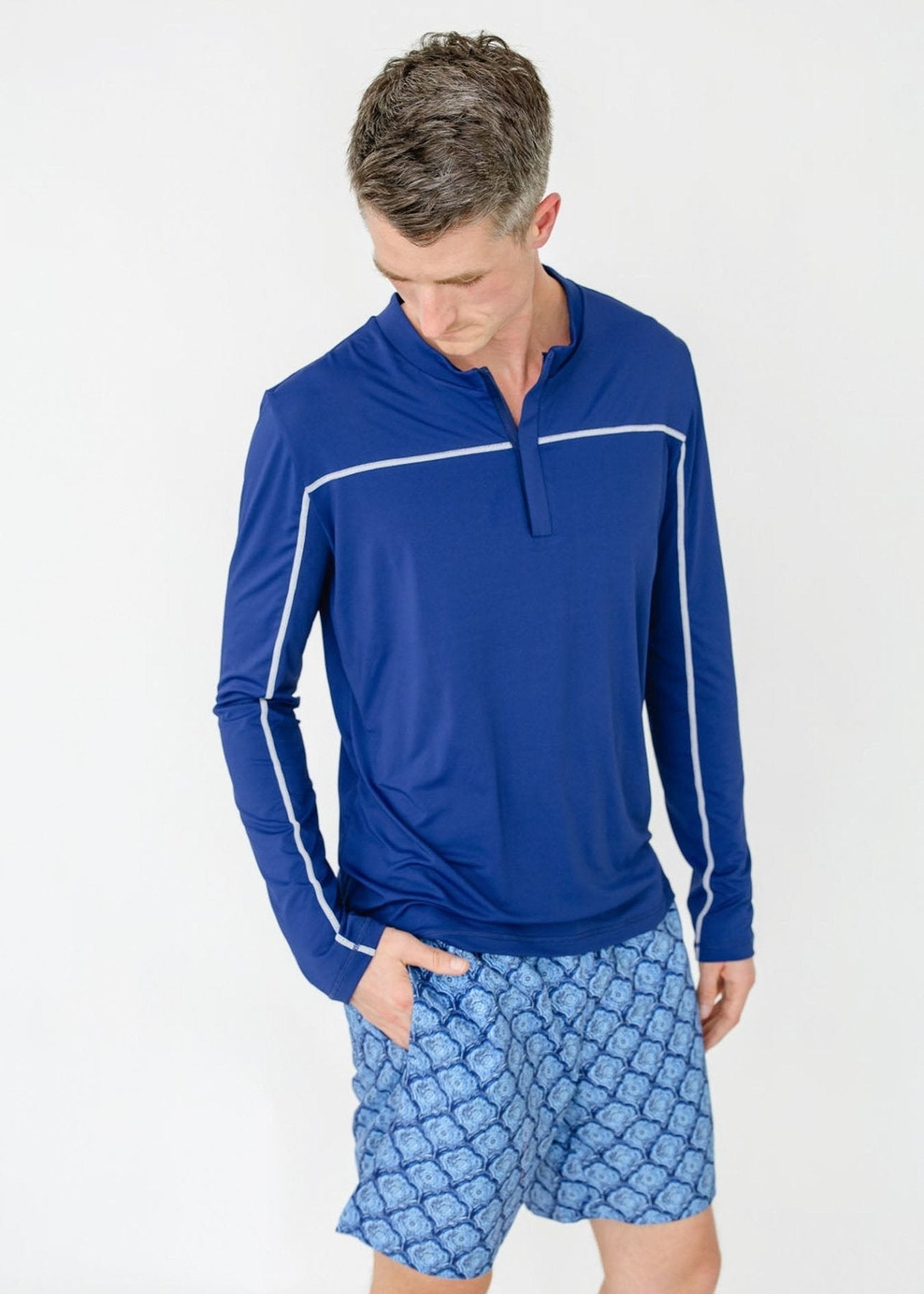 Men's UPF 50+ Swim Trunks Navy Blue Watercolor Pockets Liner - Triniskies