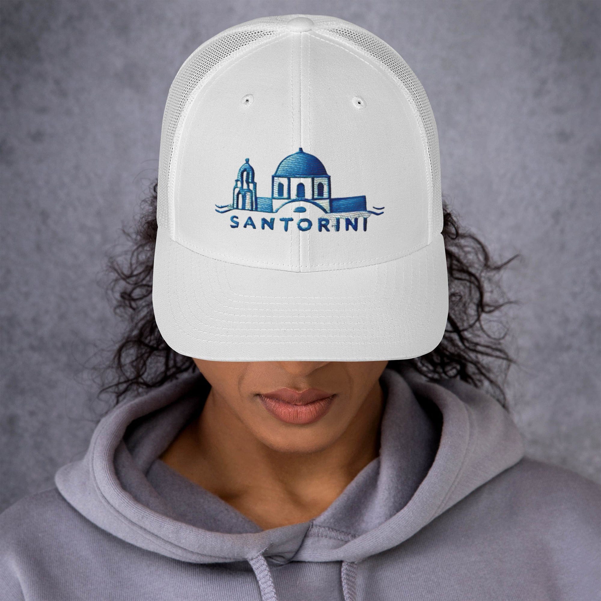 Santorini Embroidered Trucker Cap - Classic Mesh Back Hat for Sun Protection Greece Great Gift Idea Trucker Cap - Triniskies