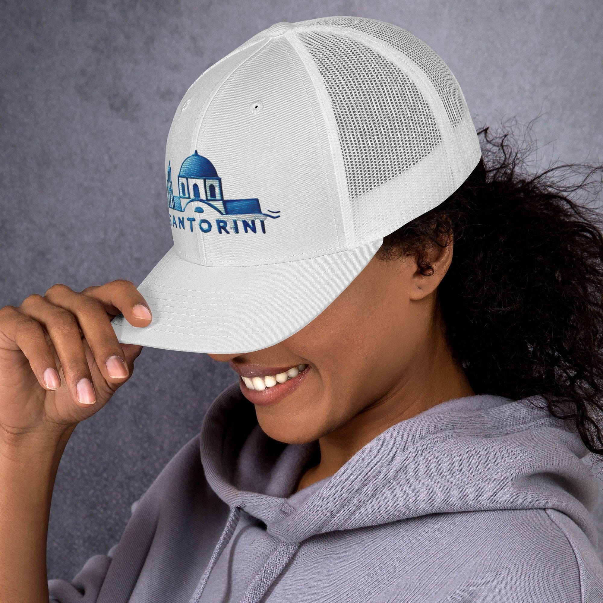 Santorini Embroidered Trucker Cap - Classic Mesh Back Hat for Sun Protection Greece Great Gift Idea Trucker Cap - Triniskies