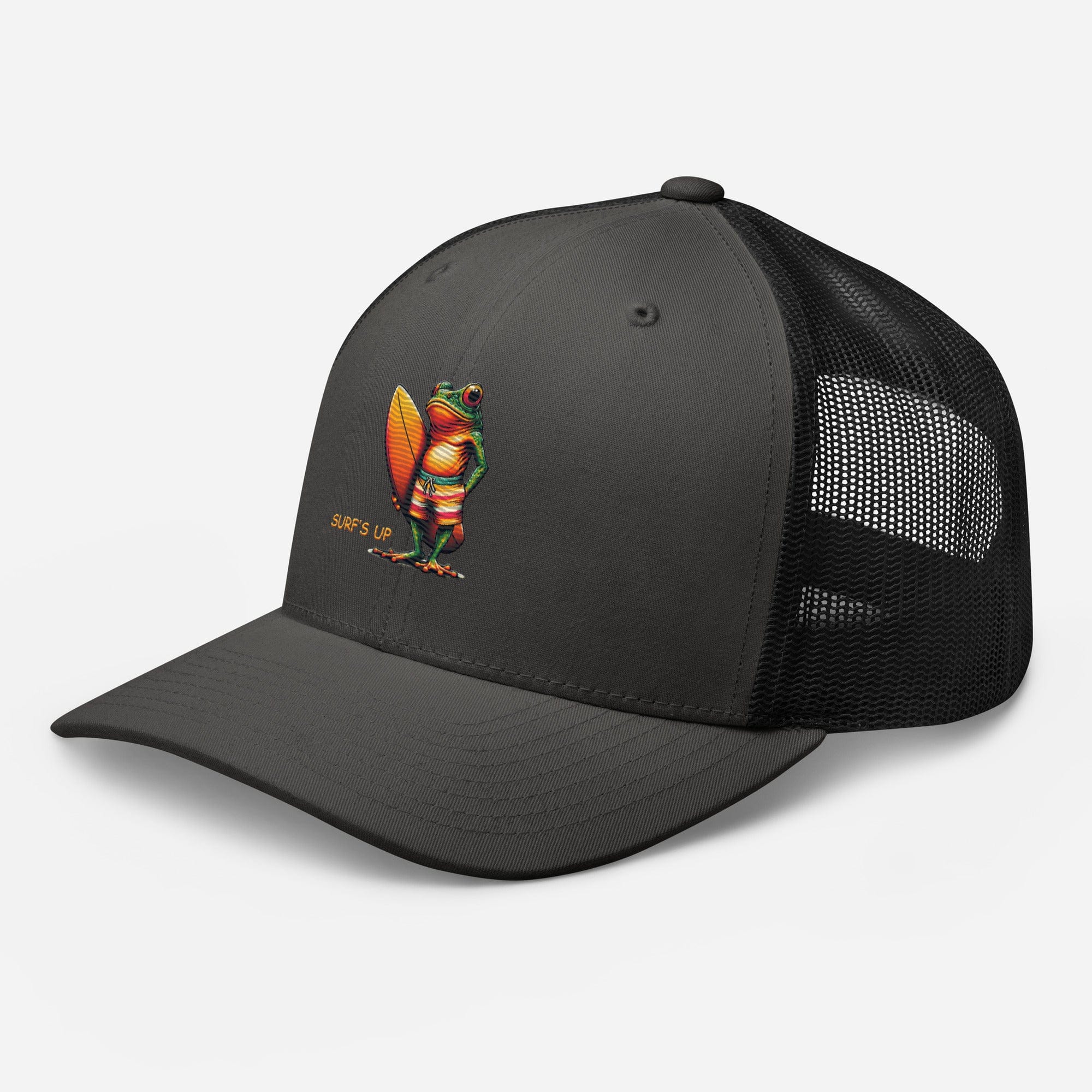 Surfs Up Surfing Frog Embroidered Trucker Cap by Trini Skies, Adjustable Mesh Back Cap - Triniskies