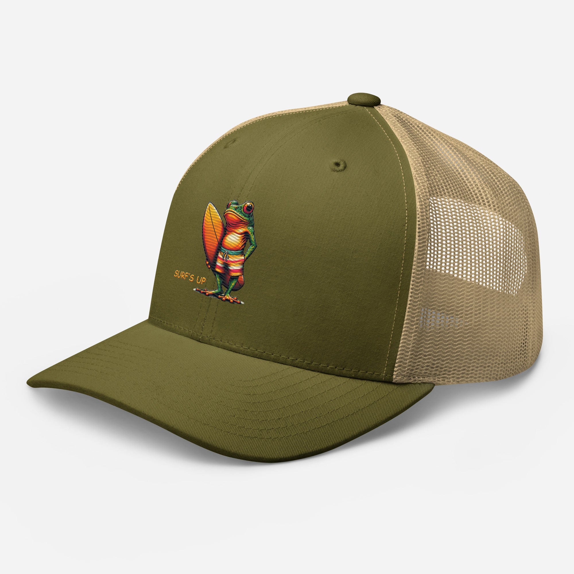 Surfs Up Surfing Frog Embroidered Trucker Cap by Trini Skies, Adjustable Mesh Back Cap - Triniskies