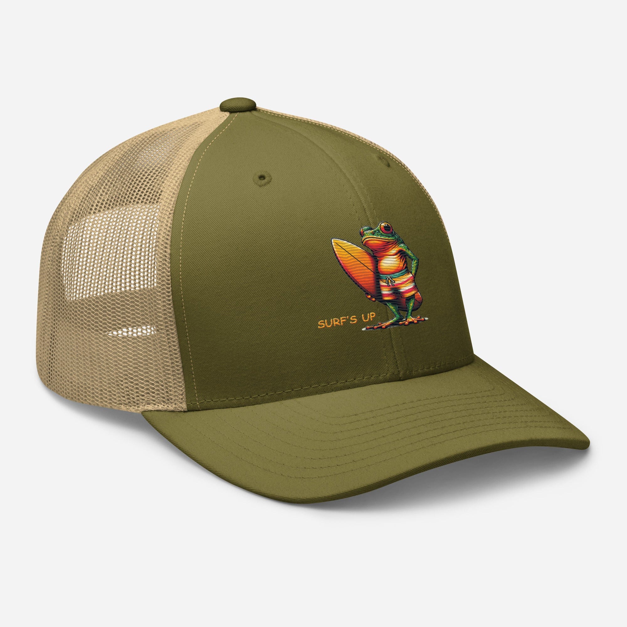 Surfs Up Surfing Frog Embroidered Trucker Cap by Trini Skies, Adjustable Mesh Back Cap - Triniskies