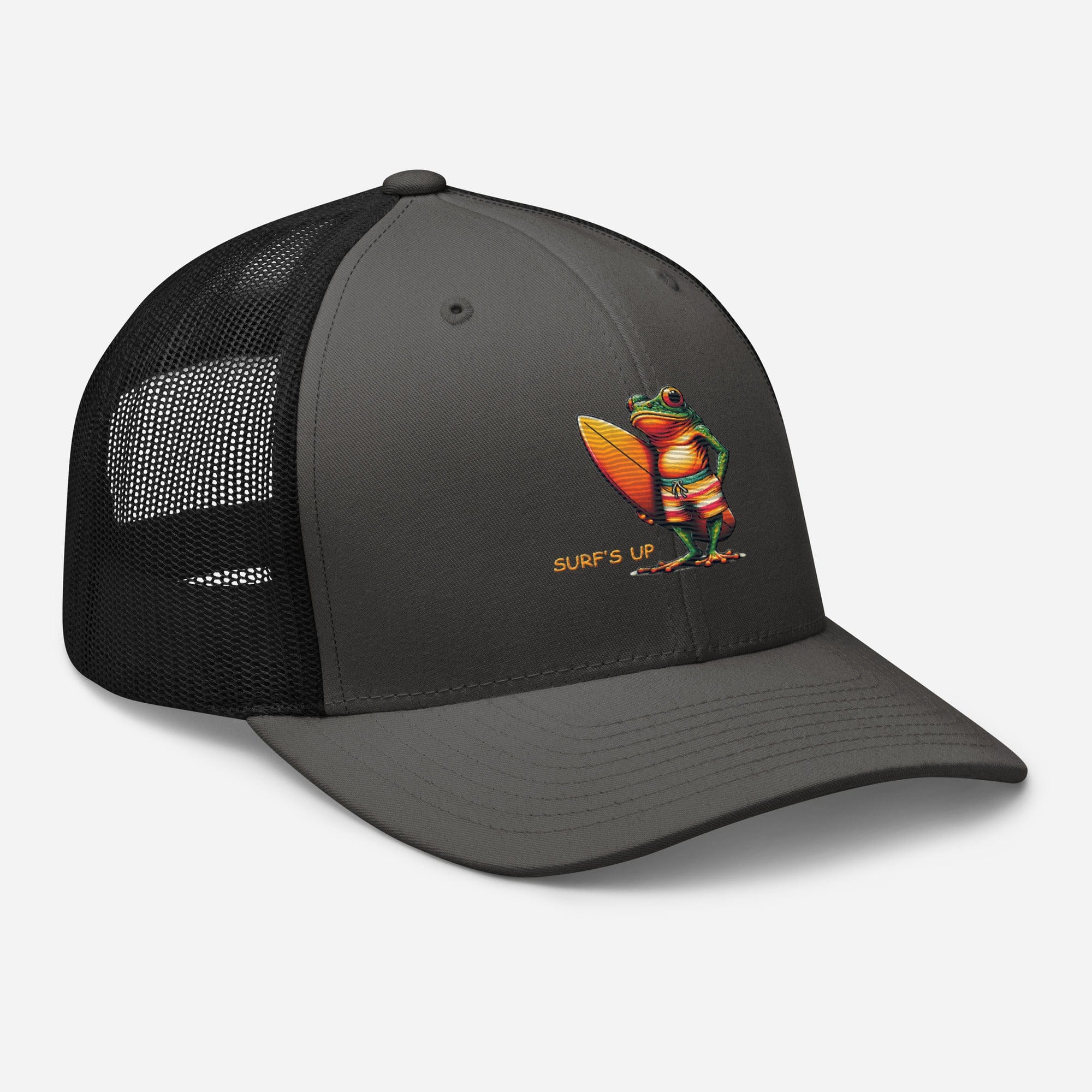 Surfs Up Surfing Frog Embroidered Trucker Cap by Trini Skies, Adjustable Mesh Back Cap - Triniskies
