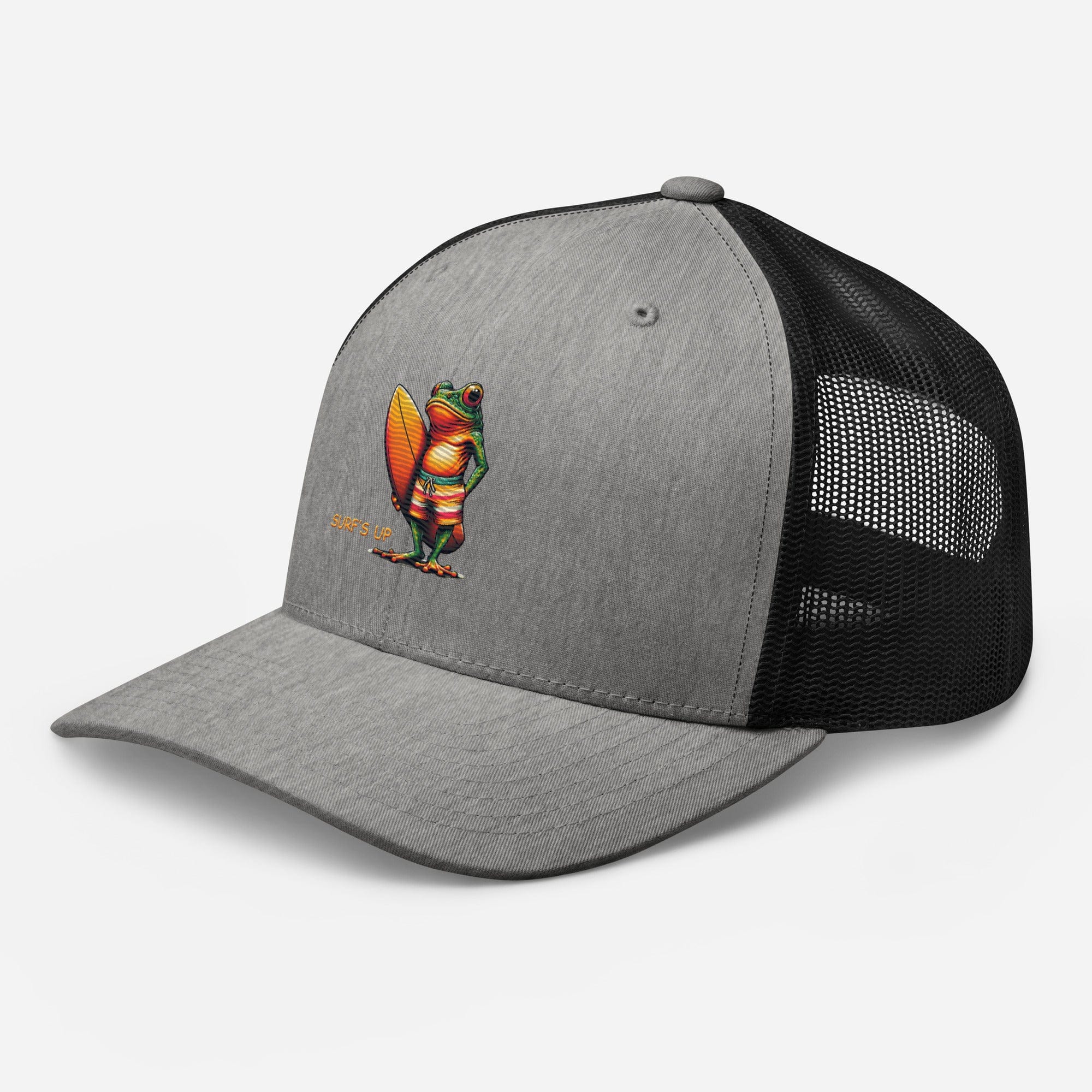 Surfs Up Surfing Frog Embroidered Trucker Cap by Trini Skies, Adjustable Mesh Back Cap - Triniskies