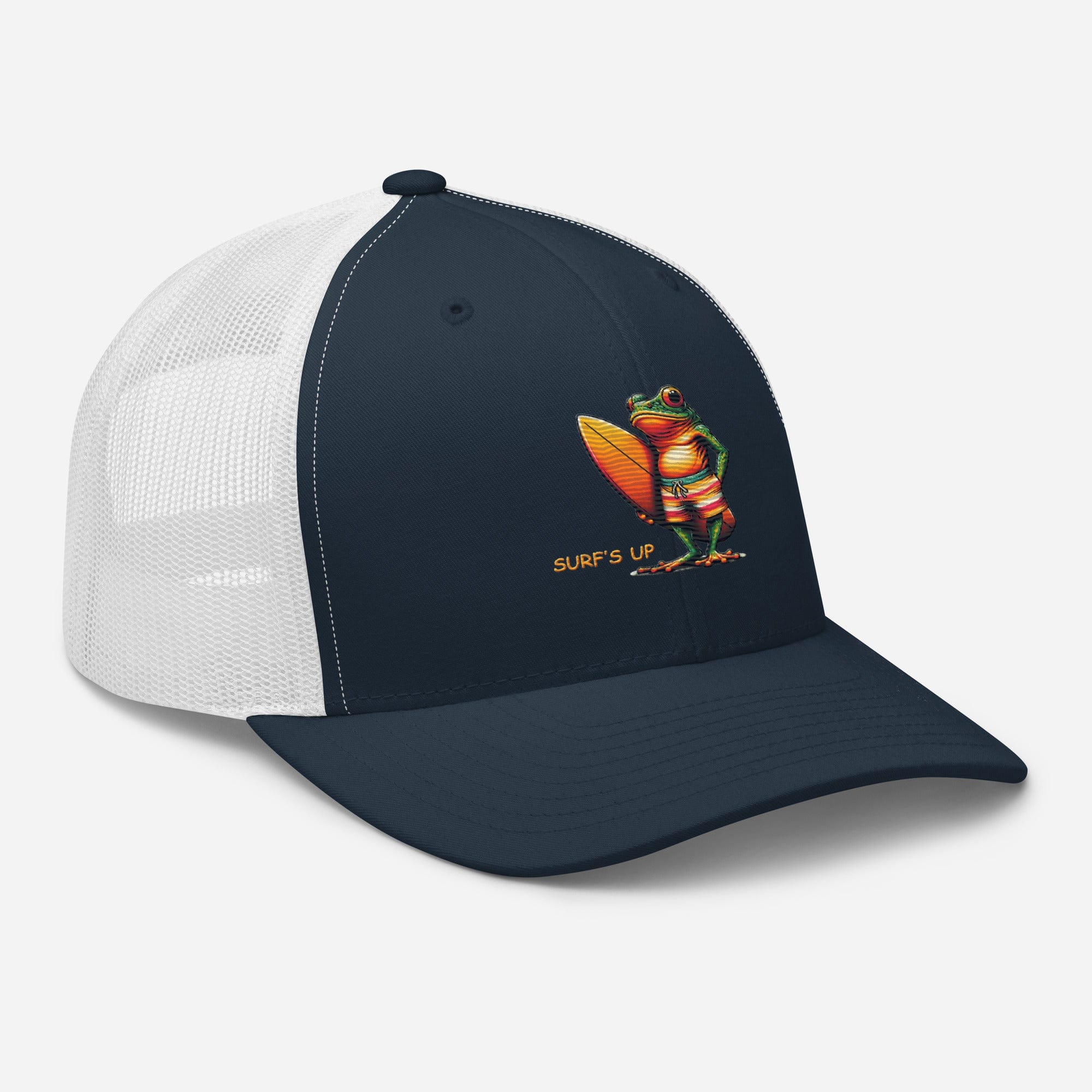Surfs Up Surfing Frog Embroidered Trucker Cap by Trini Skies, Adjustable Mesh Back Cap - Triniskies