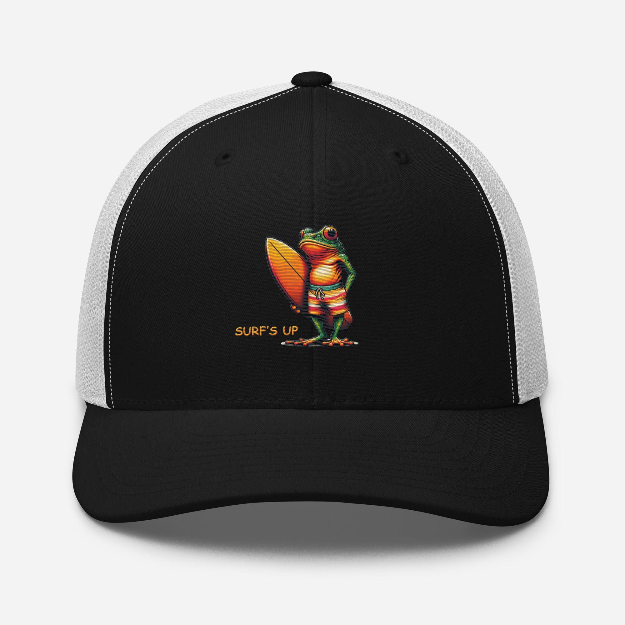 Surfs Up Surfing Frog Embroidered Trucker Cap by Trini Skies, Adjustable Mesh Back Cap - Triniskies