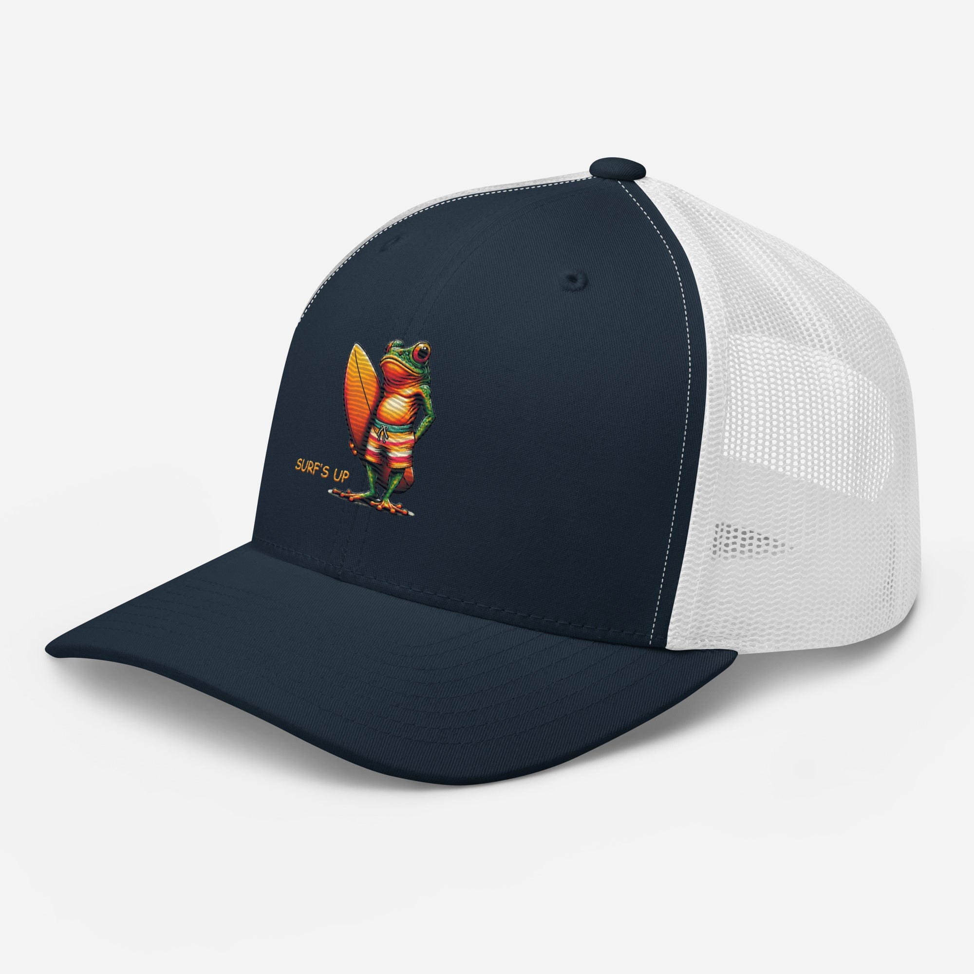 Surfs Up Surfing Frog Embroidered Trucker Cap by Trini Skies, Adjustable Mesh Back Cap - Triniskies