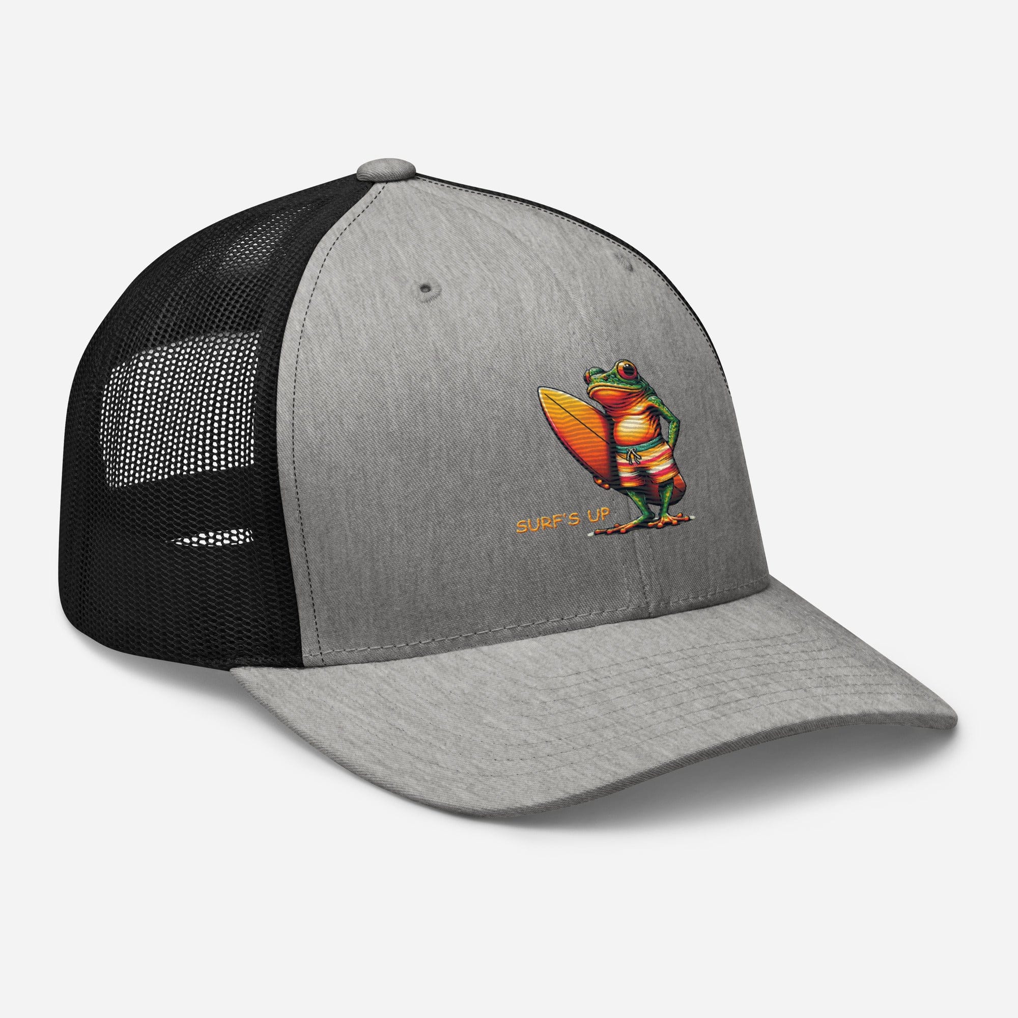 Surfs Up Surfing Frog Embroidered Trucker Cap by Trini Skies, Adjustable Mesh Back Cap - Triniskies