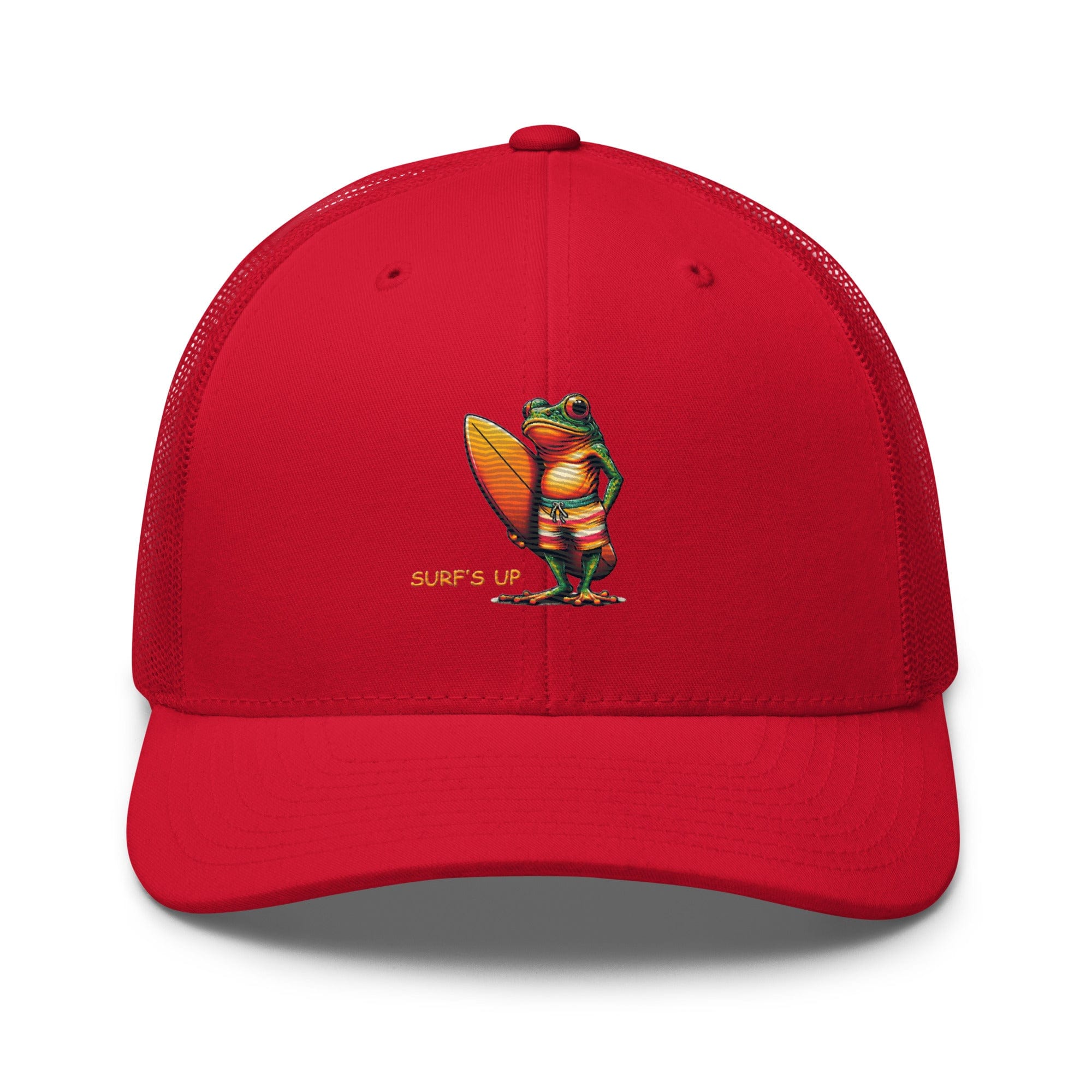 Surfs Up Surfing Frog Embroidered Trucker Cap by Trini Skies, Adjustable Mesh Back Cap - Triniskies