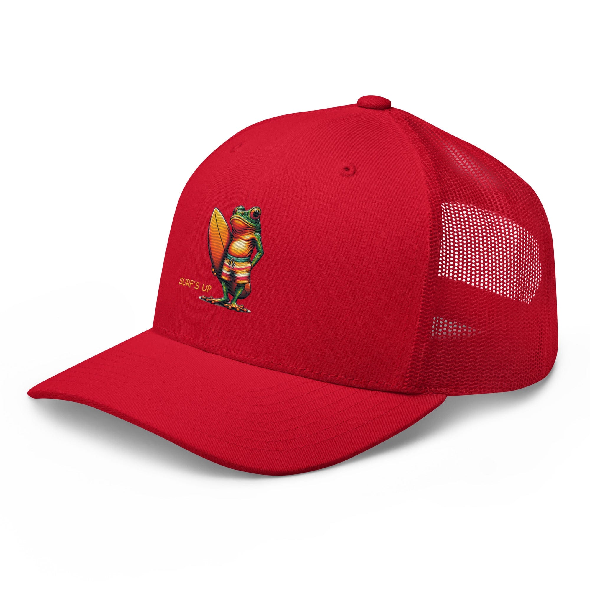 Surfs Up Surfing Frog Embroidered Trucker Cap by Trini Skies, Adjustable Mesh Back Cap - Triniskies