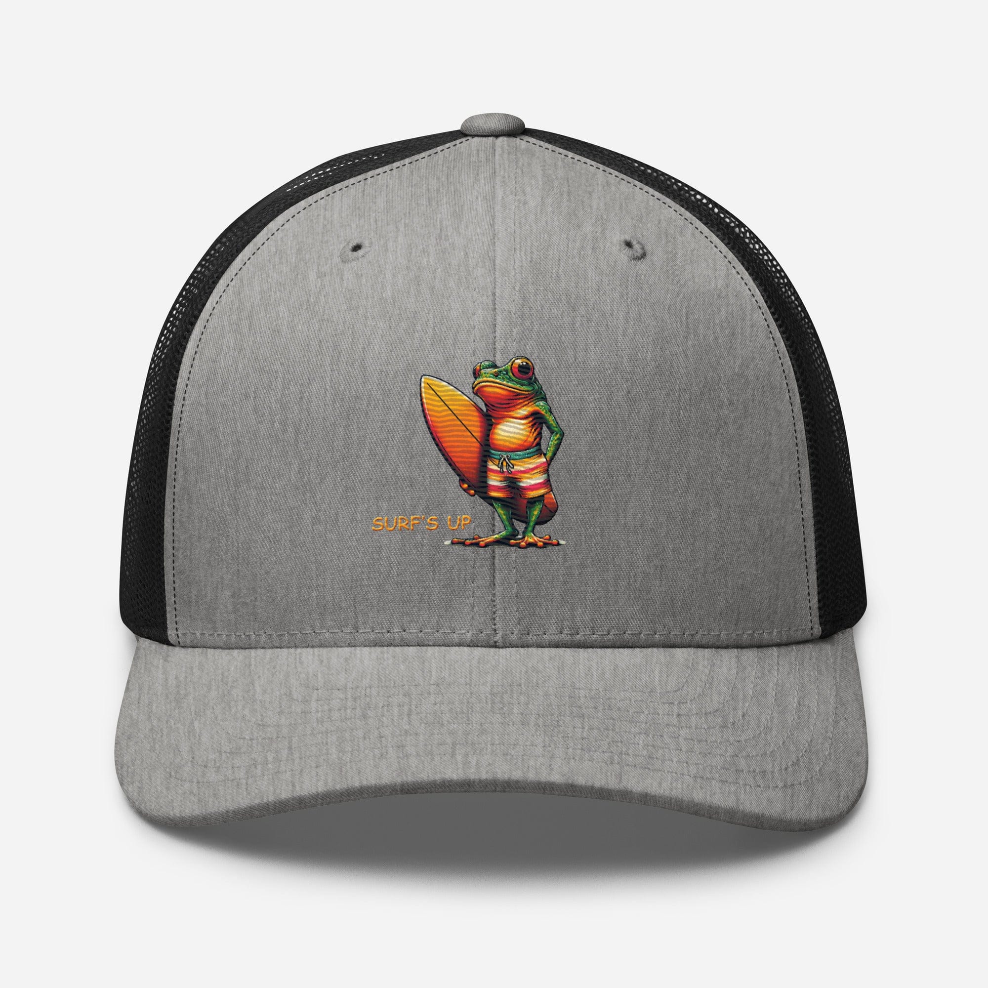 Surfs Up Surfing Frog Embroidered Trucker Cap by Trini Skies, Adjustable Mesh Back Cap - Triniskies
