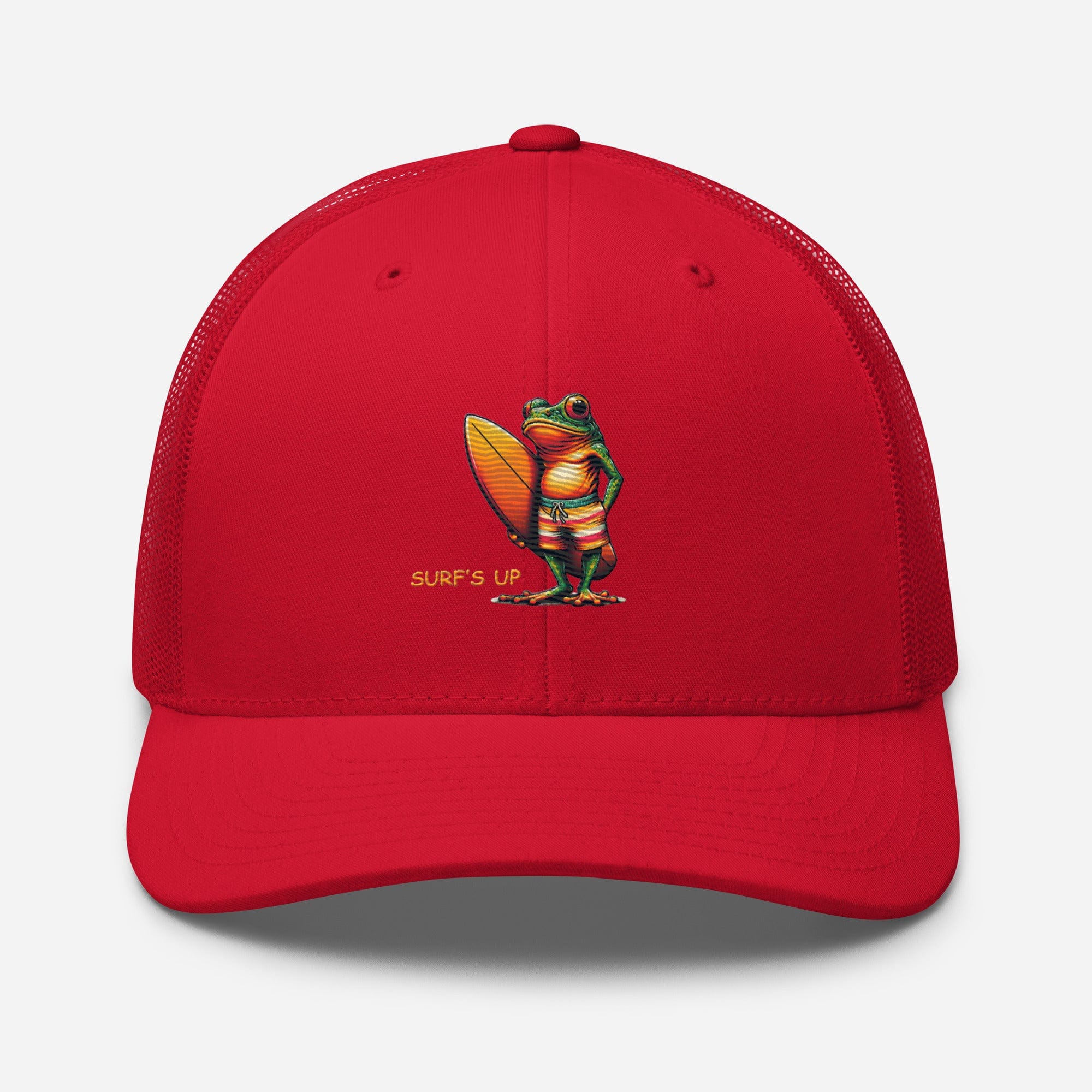 Surfs Up Surfing Frog Embroidered Trucker Cap by Trini Skies, Adjustable Mesh Back Cap - Triniskies