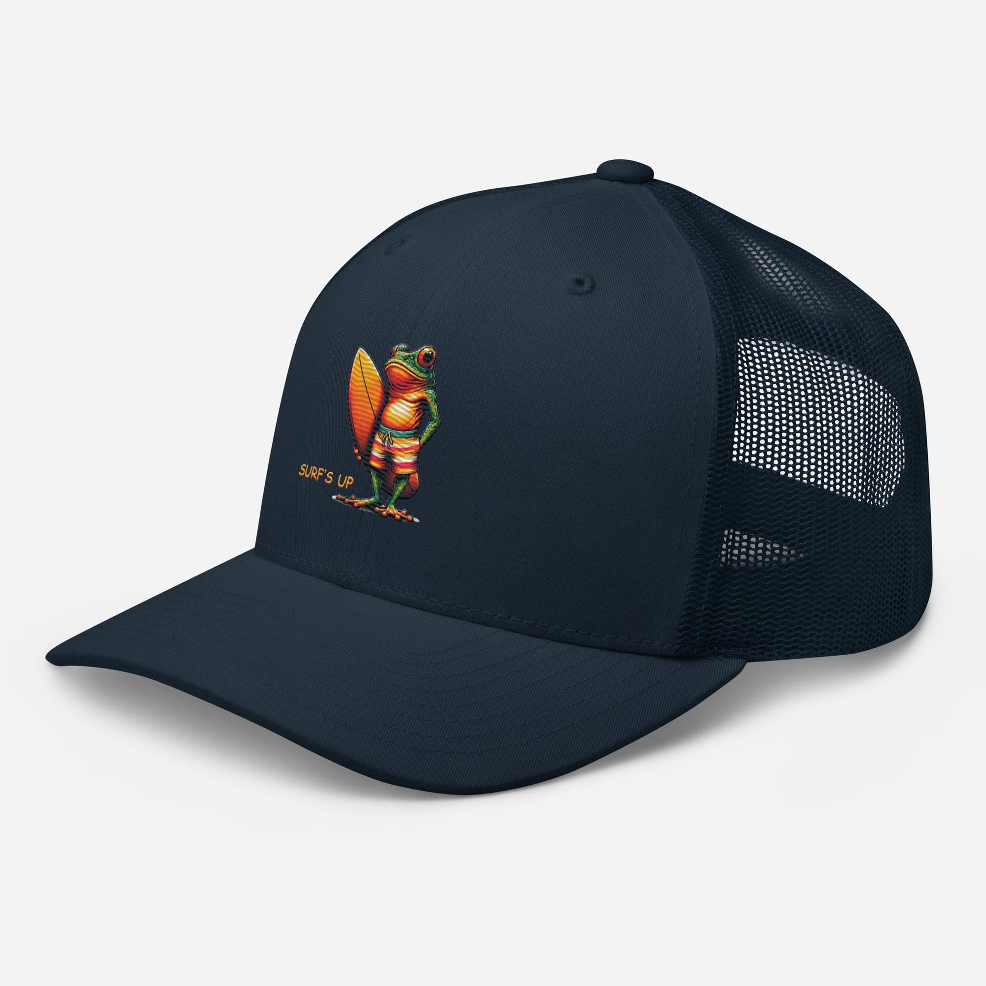 Surfs Up Surfing Frog Embroidered Trucker Cap by Trini Skies, Adjustable Mesh Back Cap - Triniskies