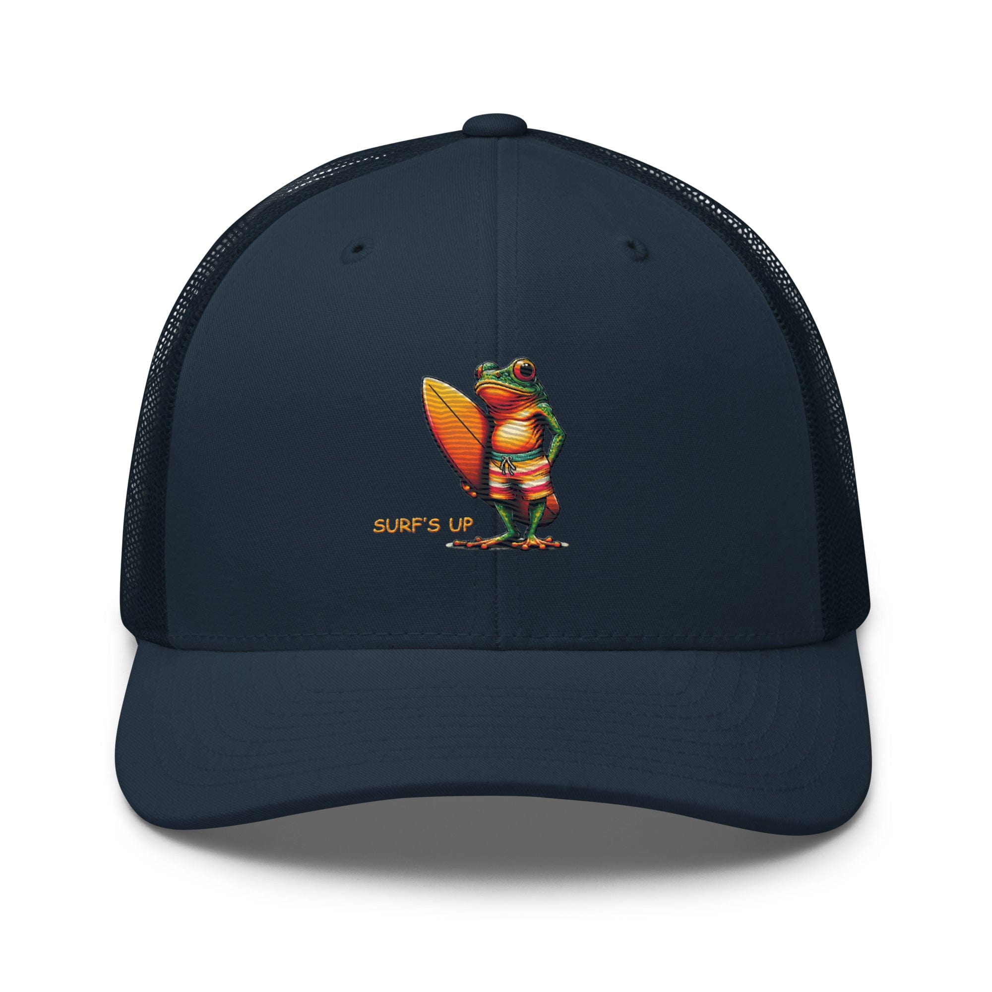 Surfs Up Surfing Frog Embroidered Trucker Cap by Trini Skies, Adjustable Mesh Back Cap - Triniskies