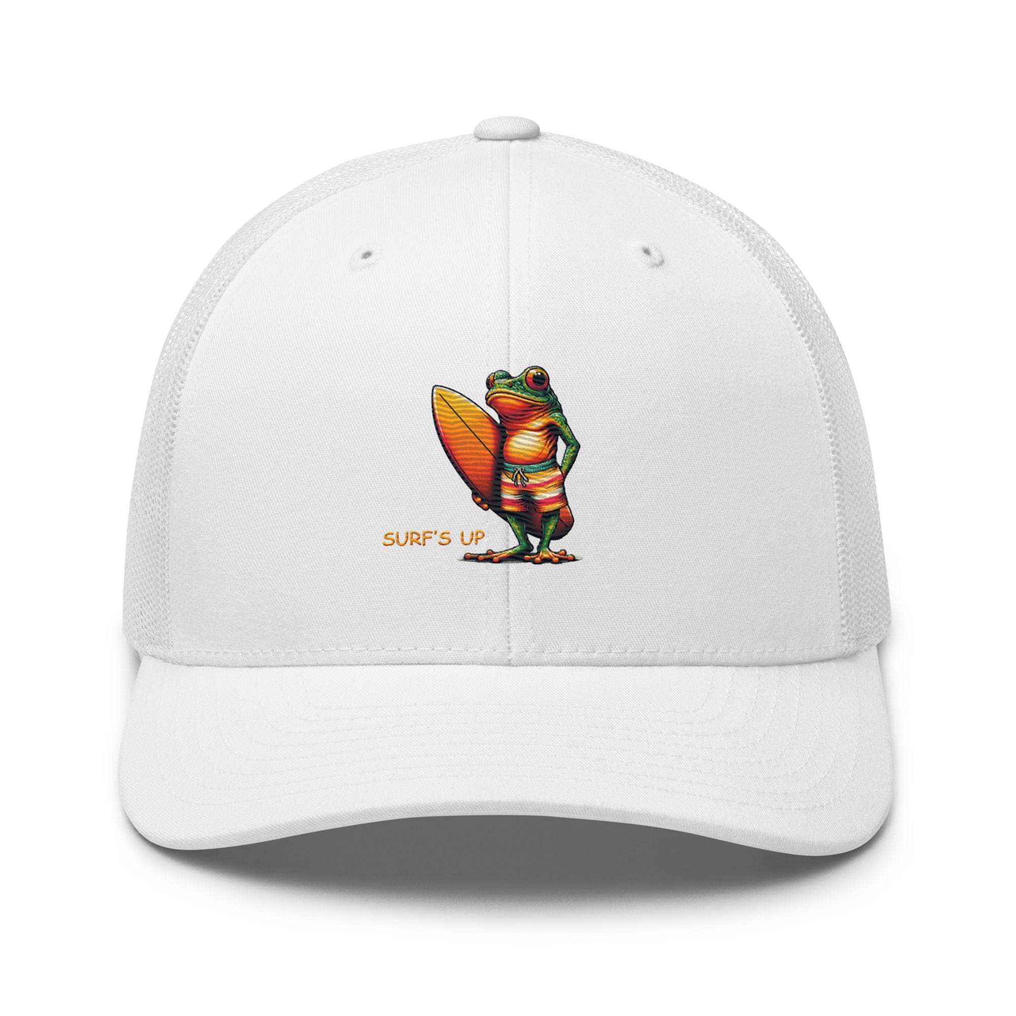 Surfs Up Surfing Frog Embroidered Trucker Cap by Trini Skies, Adjustable Mesh Back Cap - Triniskies