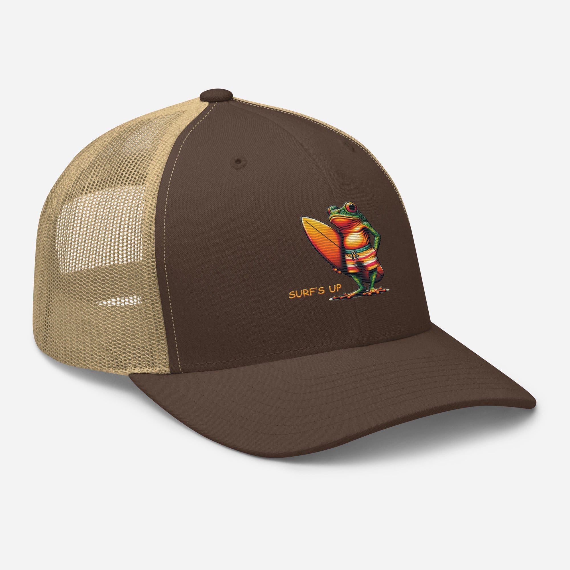 Surfs Up Surfing Frog Embroidered Trucker Cap by Trini Skies, Adjustable Mesh Back Cap - Triniskies