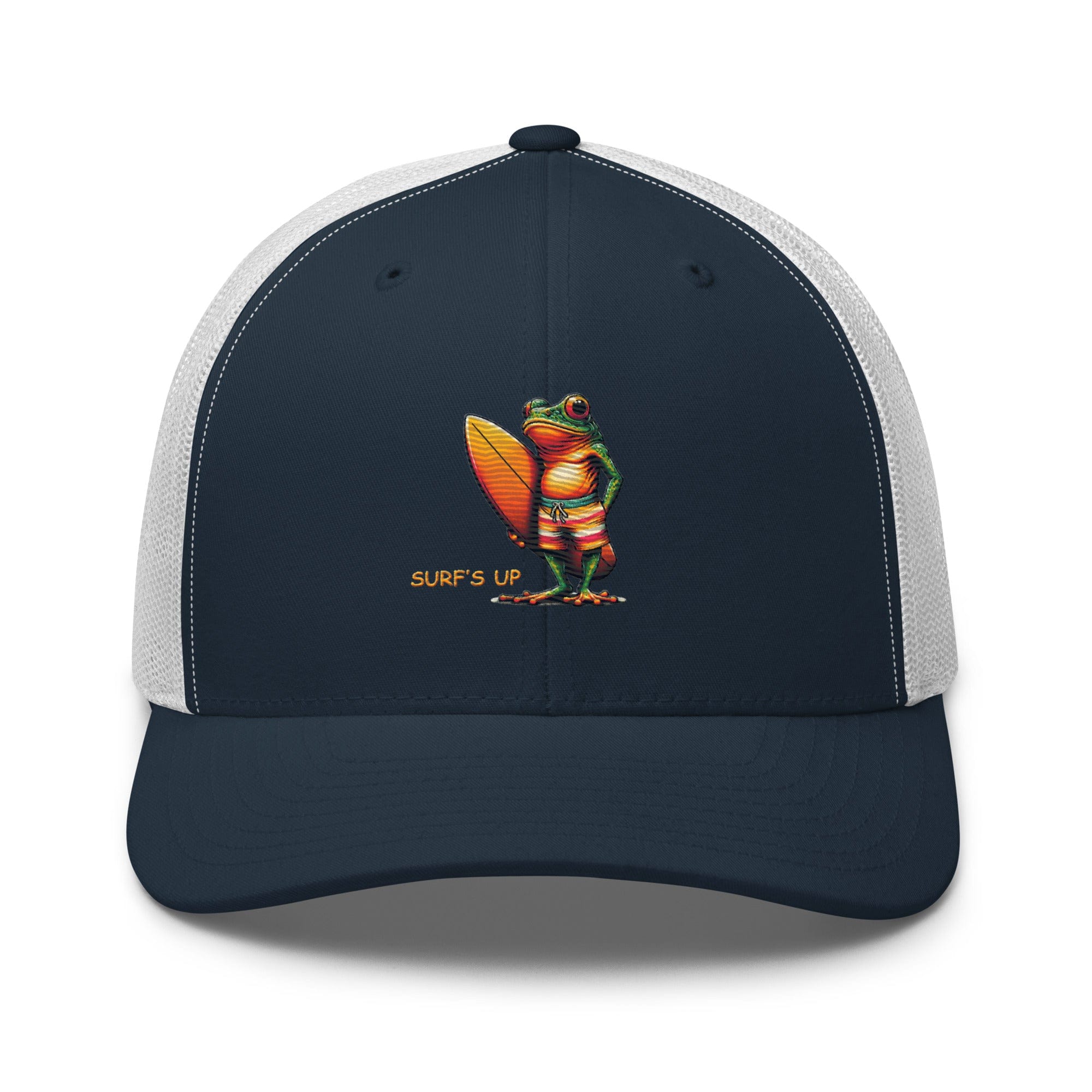 Surfs Up Surfing Frog Embroidered Trucker Cap by Trini Skies, Adjustable Mesh Back Cap - Triniskies